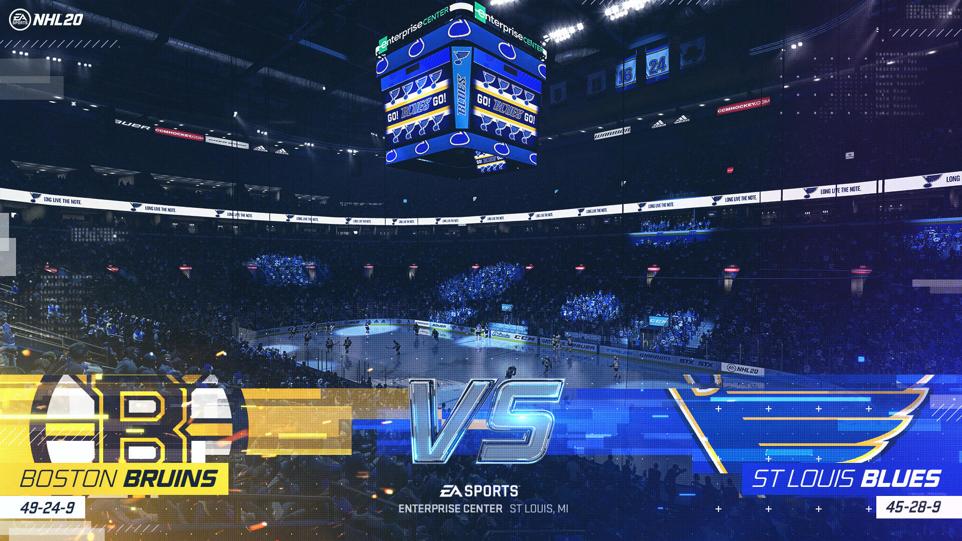 Scena meczu hokeja na lodzie na stadionie. Boston Bruins kontra St. Louis Blues. Tłum w tle.