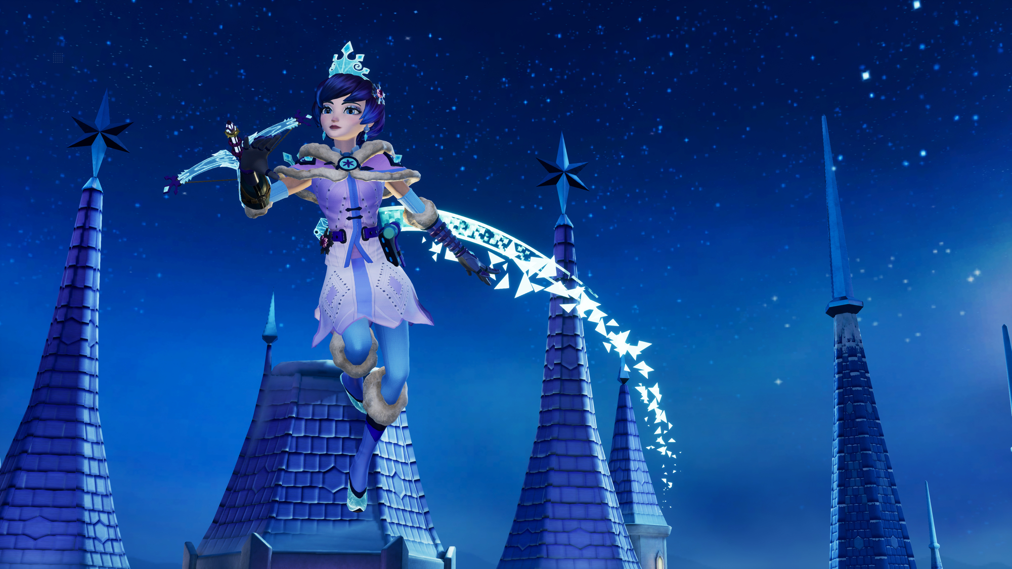 Postać z anime na dachach zamku. Niebieski strój, włosy i efekty. Nocne niebo i gwiazdy.