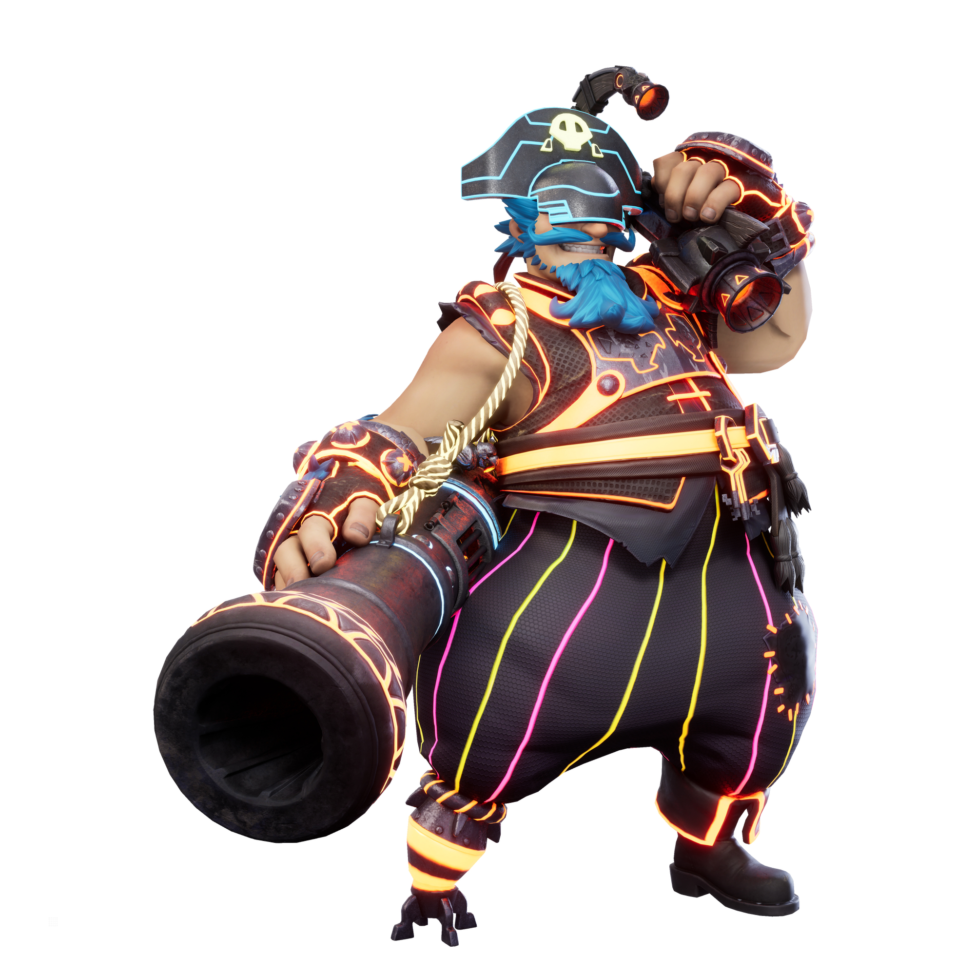 Eine Zeichentrickfigur eines Piraten mit einer Kanone und Hut mit Lichtern. Weißer Hintergrund.