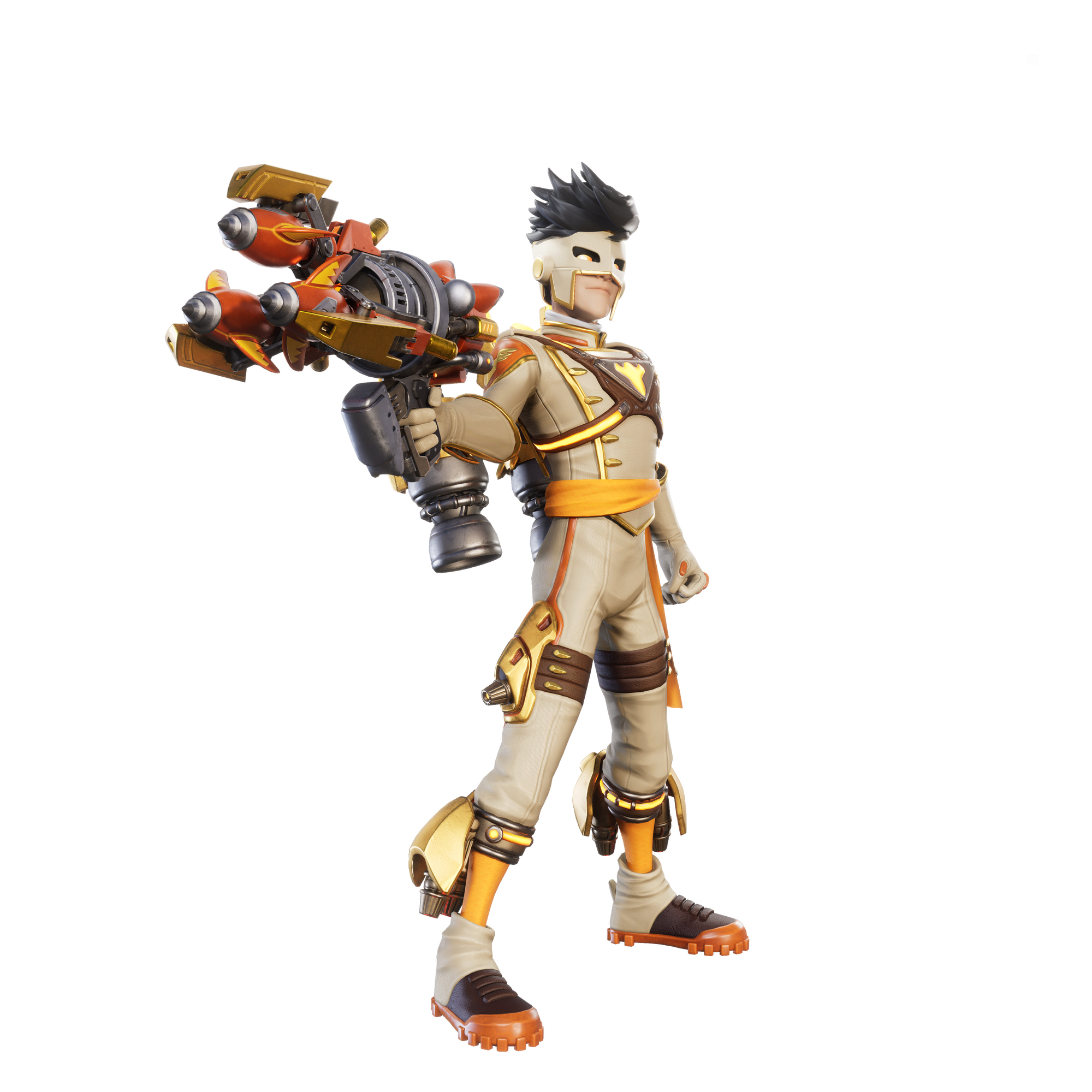 Anime-Charakter hält Waffe. Orange-goldenes Outfit. Weißer Hintergrund. Robotische Waffe.