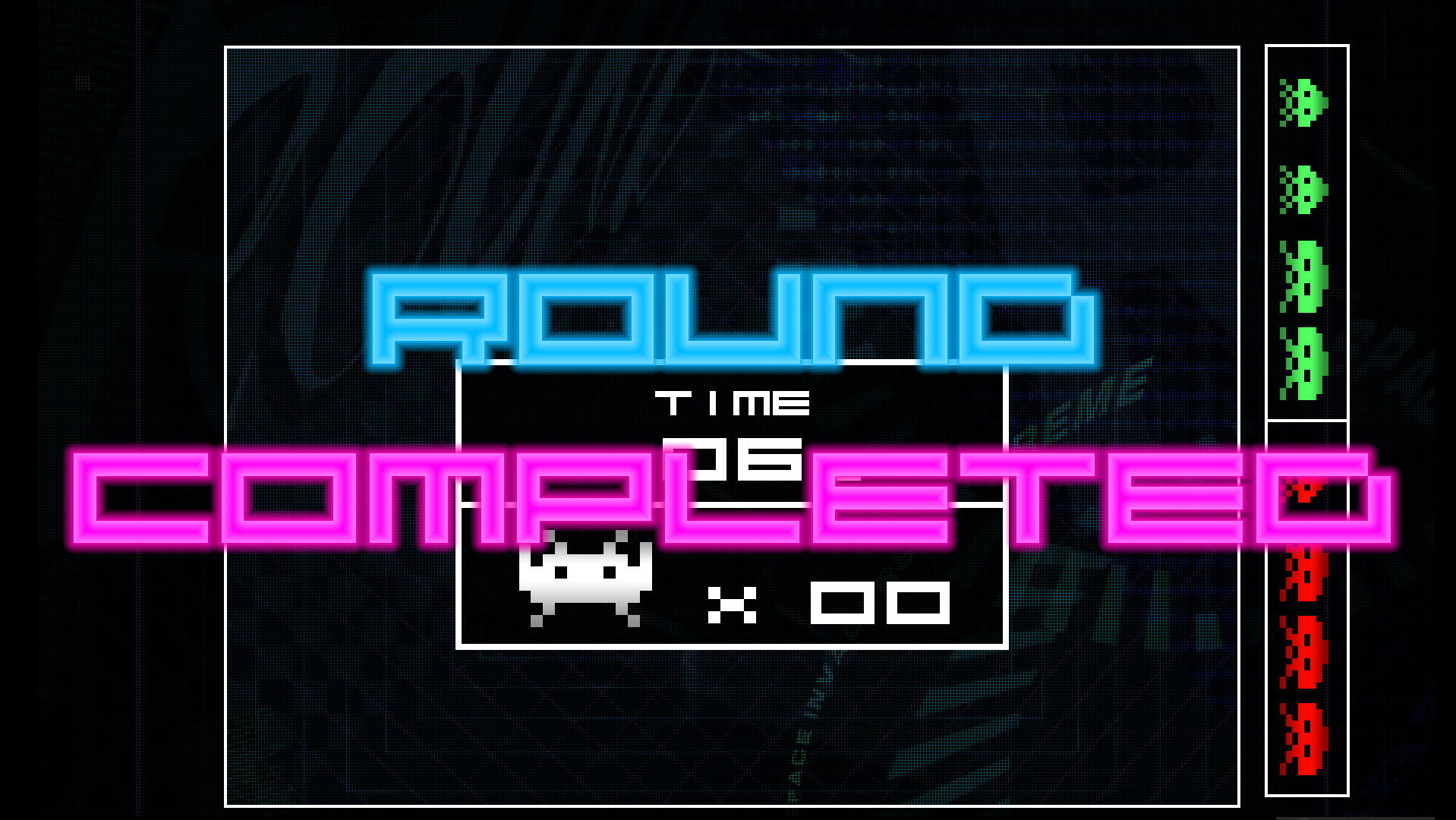 Arcade-Spielbildschirm mit der Neon-Aufschrift 'ROUND COMPLETED', einem Retro-Raumschiff und Punktestand.