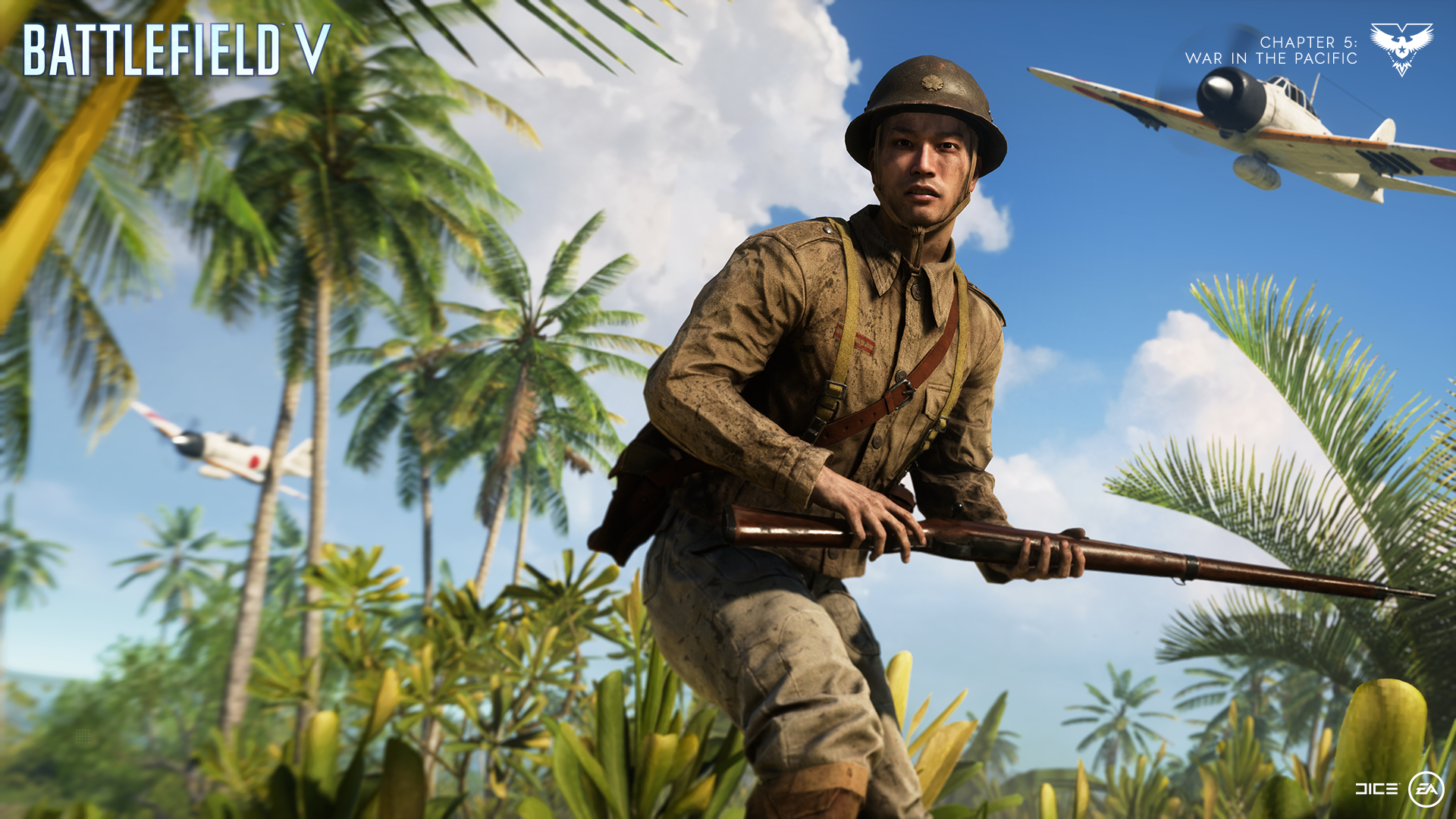 Żołnierz w japońskim mundurze, trzymający karabin, w tropikalnej scenerii.