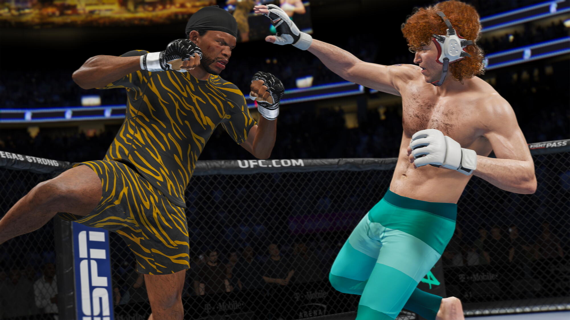Zwei UFC-Kämpfer im Ring, einer mit Zebra-Print-Outfit, der andere mit einzigartiger Frisur.