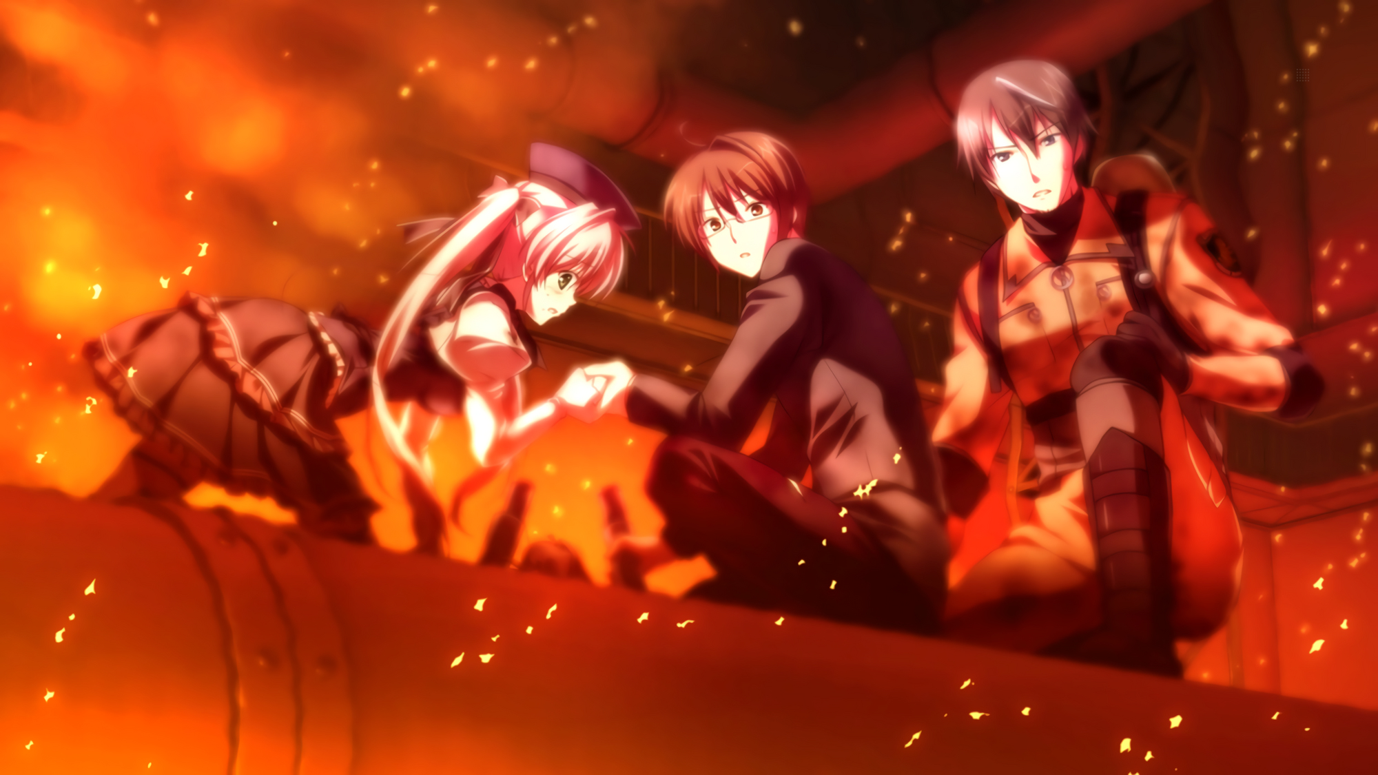 Scena anime di tre persone in un ambiente infuocato. Due persone si tengono per mano. Colori arancione e rosso brillanti.