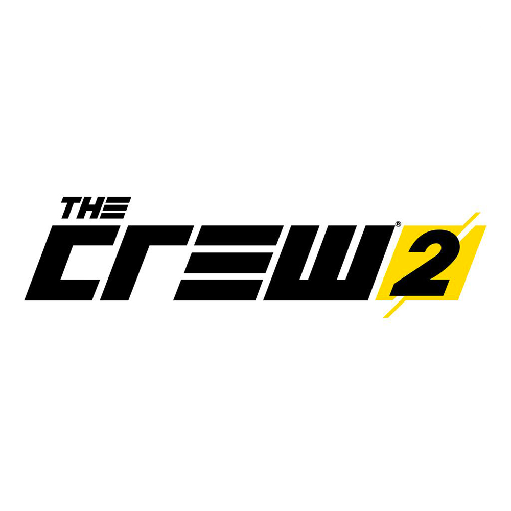Logo The Crew 2. Biały tekst na czarnym tle, z cyfrą 2 w kolorze żółtym.