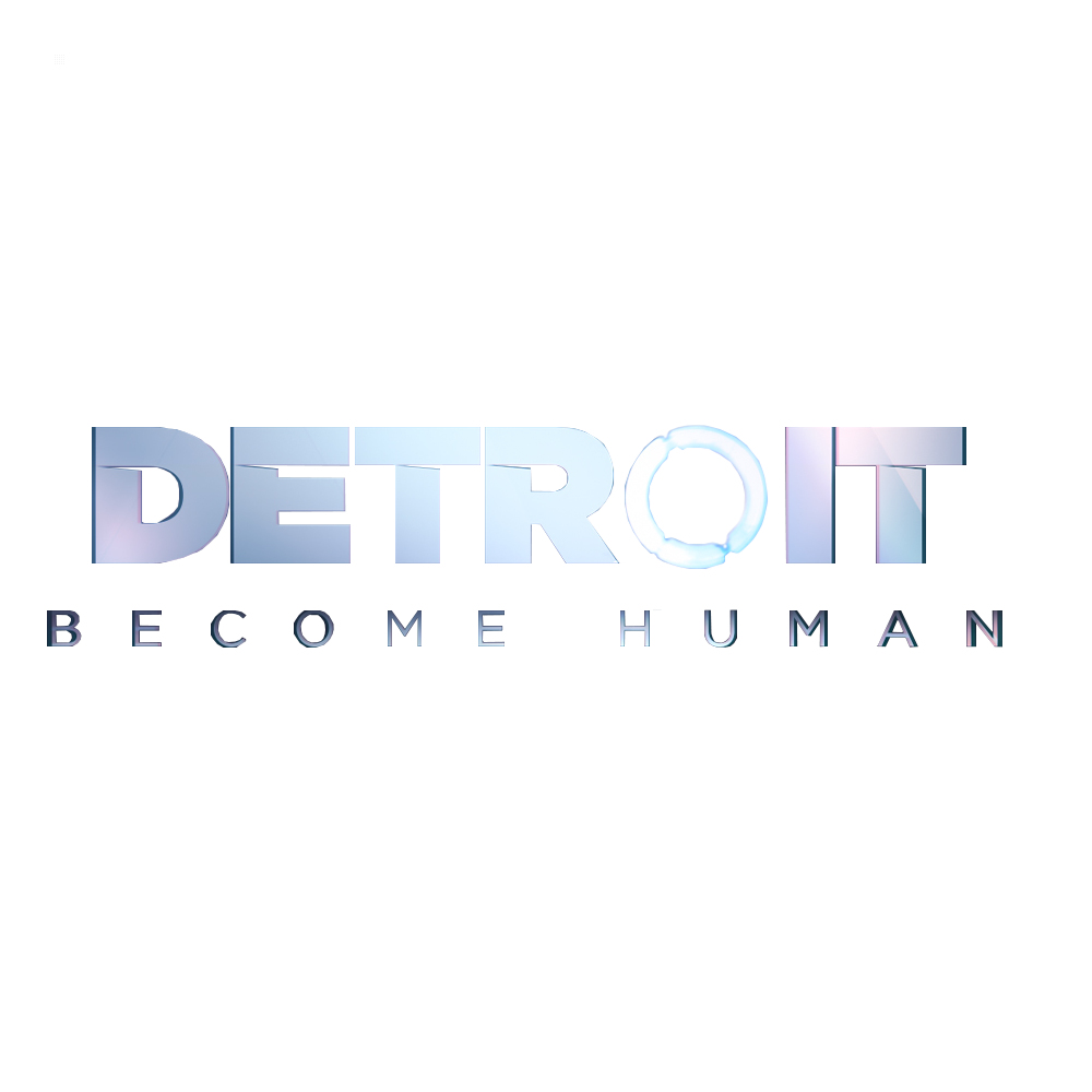 Logo gry Detroit Become Human. Tekst jest stylizowany na niebiesko i biało na białym tle.