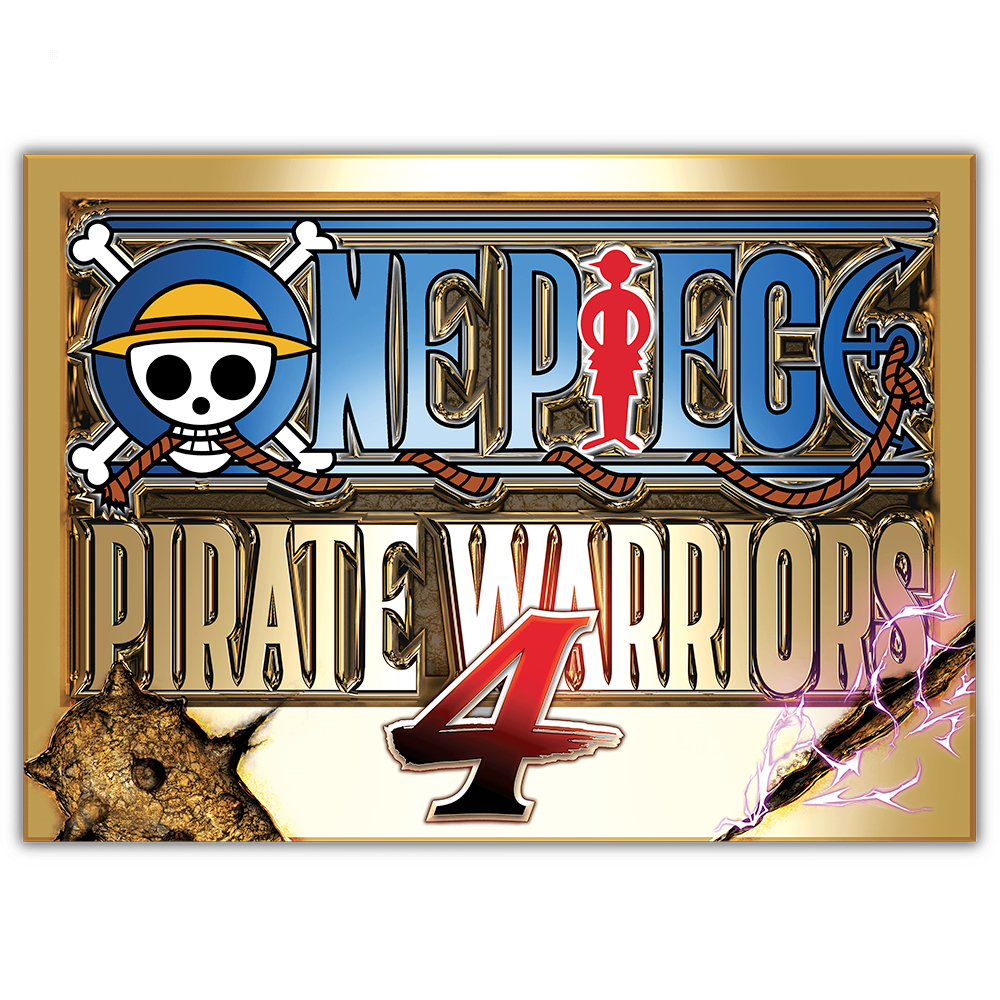Spiel-Logo für One Piece Pirate Warriors 4. Enthält den Spieletitel und ein Piraten-Thema mit Goldrand.