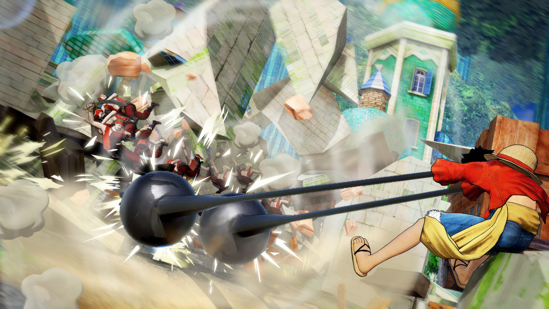 Luffy greift mit einem großen schwarzen Ball an, umgeben von Feinden und einem einstürzenden Gebäude. Action-Szene.