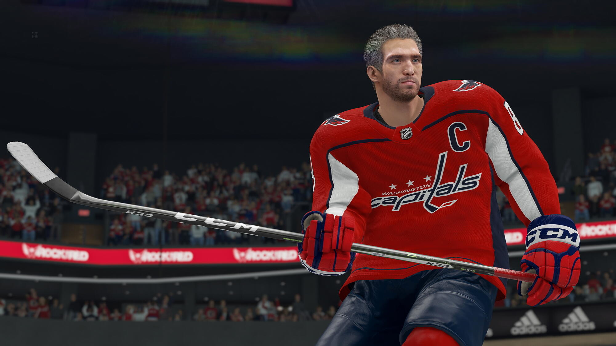 Ein Eishockeyspieler in Rot und Weiß. Er hält einen Hockeyschläger. Der Hintergrund hat eine Menschenmenge.