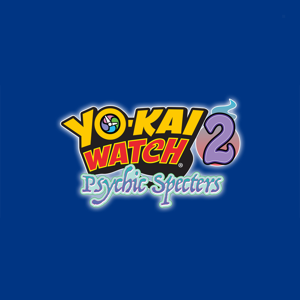 Logo Yo-Kai Watch 2 Psychic Specters na niebieskim tle. Tło: niebieskie i wzór.