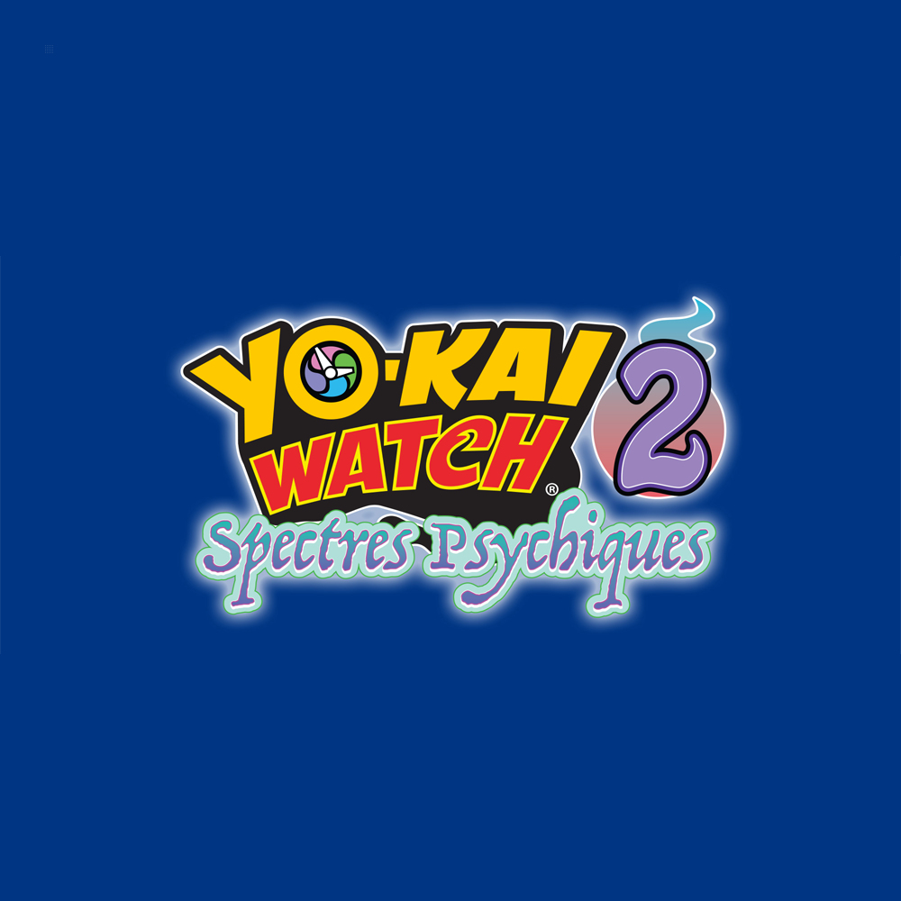 Logo Yo-Kai Watch 2. Niebieskie tło, żółty i czerwony tekst z fioletową 2.