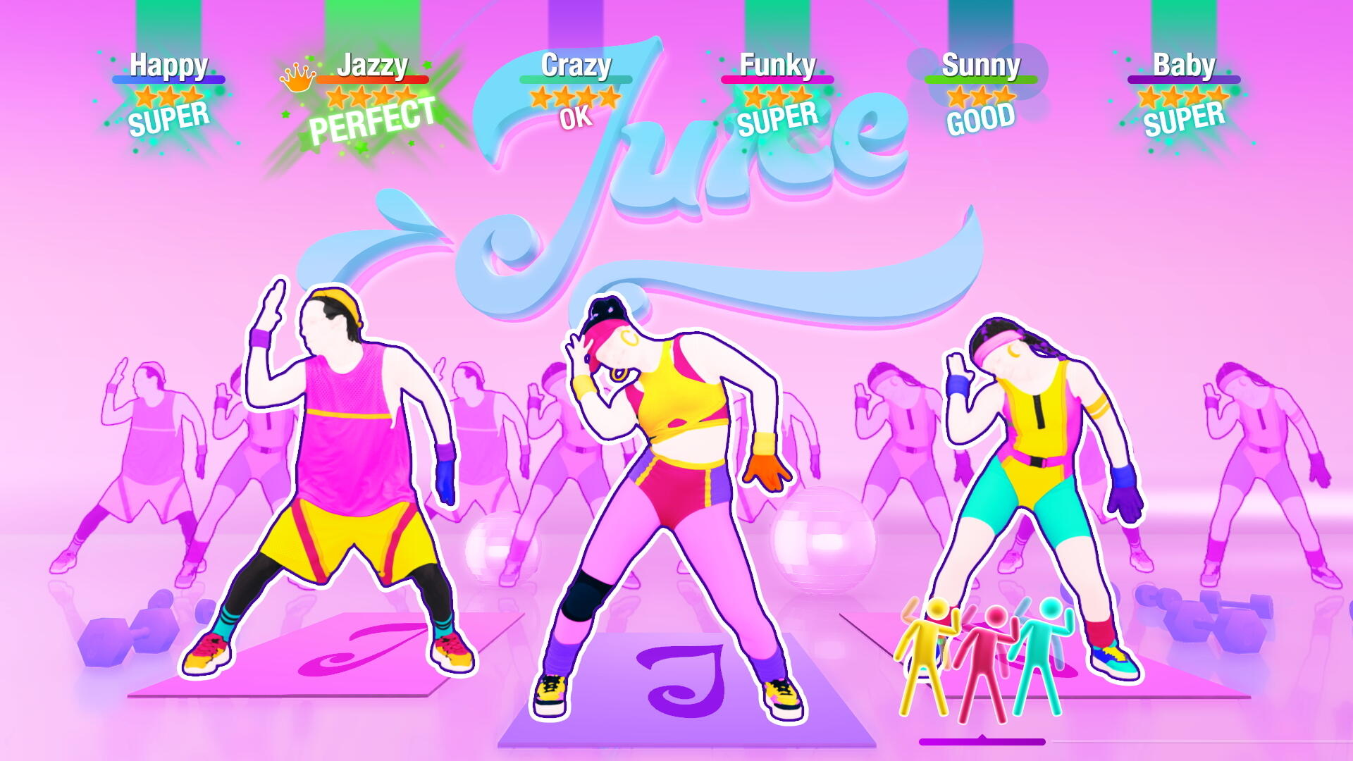 Ekran gry Just Dance. Trzech tancerzy na różowym tle z instrukcjami.