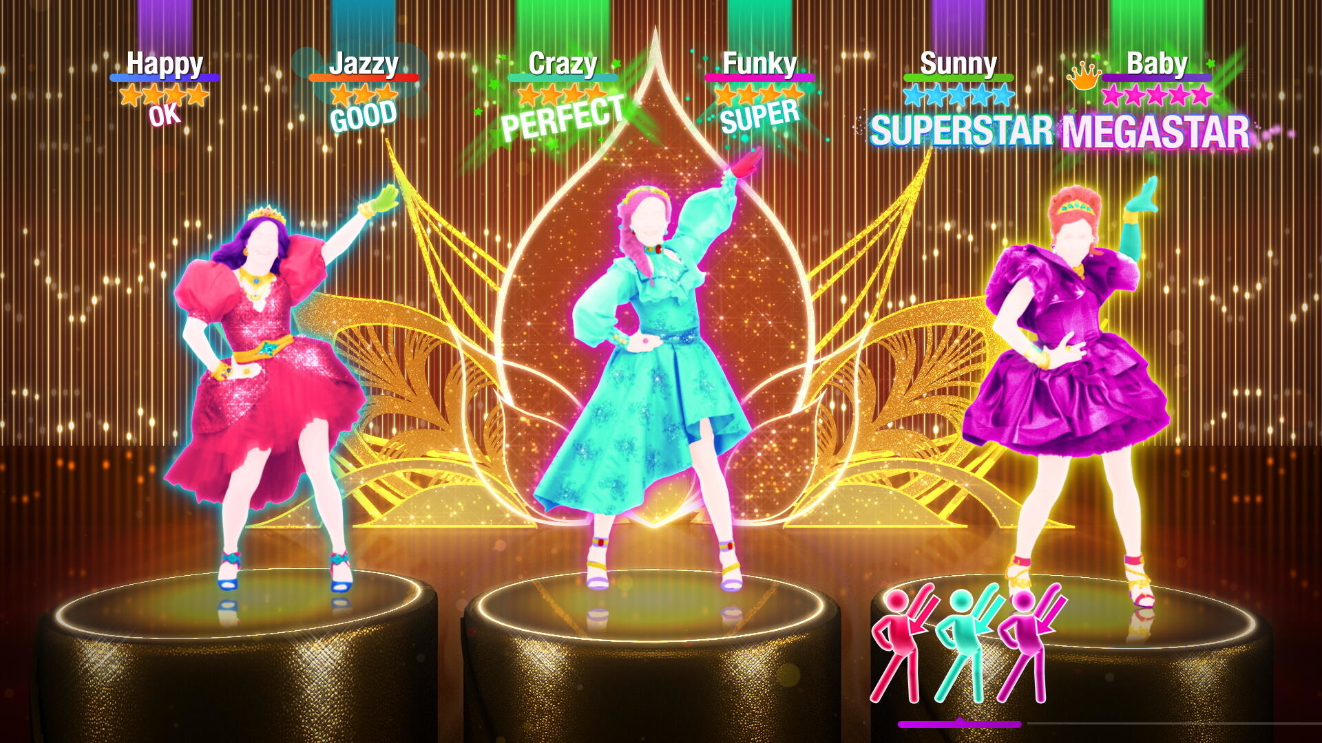 Ekran gry Just Dance. Trzech tancerzy na scenie, złote tło z instrukcjami.