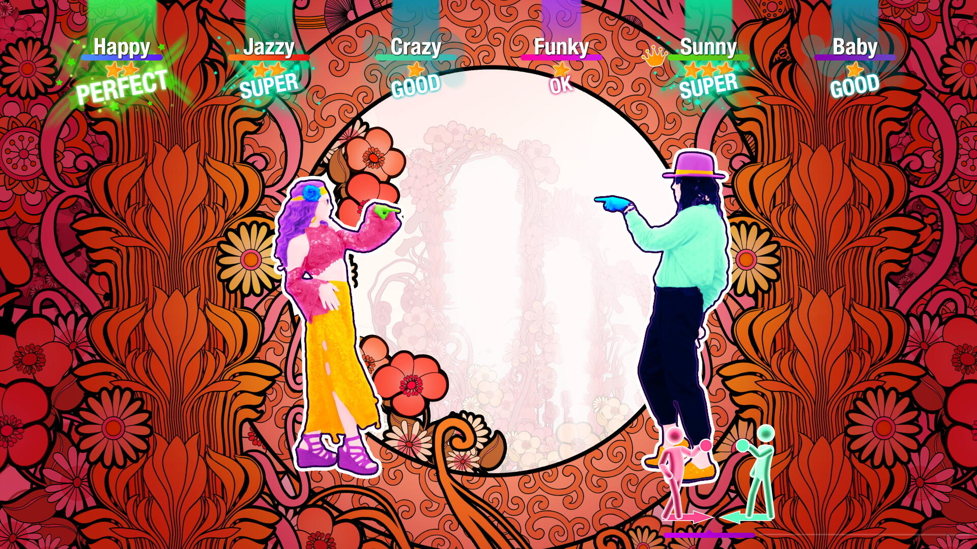 Ekran gry Just Dance. Dwóch tancerzy na psychodelicznym tle, z instrukcjami.