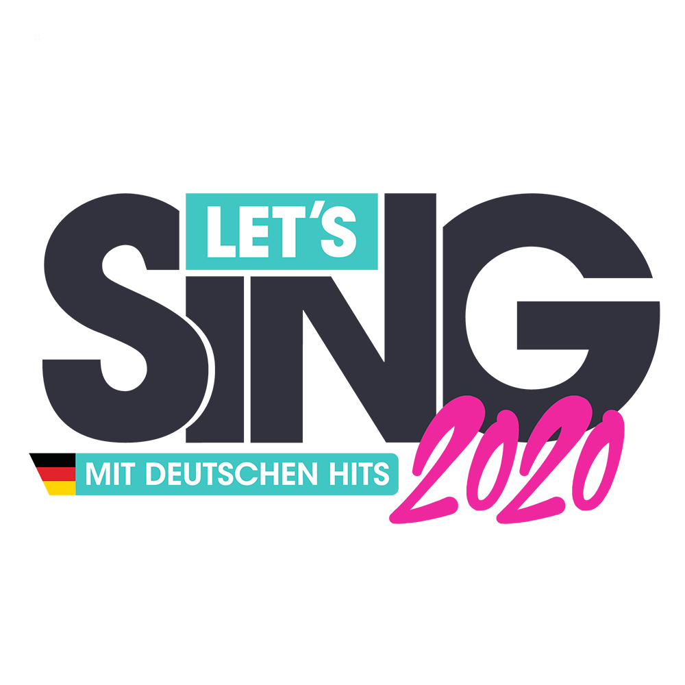 Napis 'LET'S SING 2020' z flagą Niemiec i 'MIT DEUTSCHEN HITS' na białym tle.