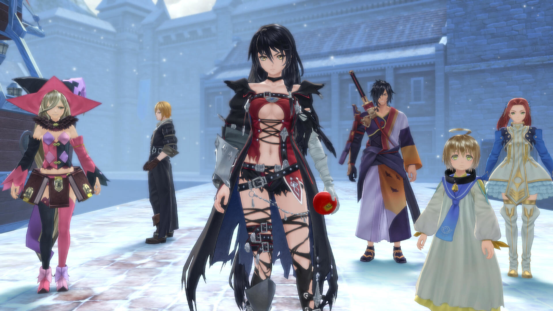 Eine Gruppe von Anime-Charakteren in einer verschneiten Umgebung. Eine zentrale Frau in Schwarz sticht hervor.