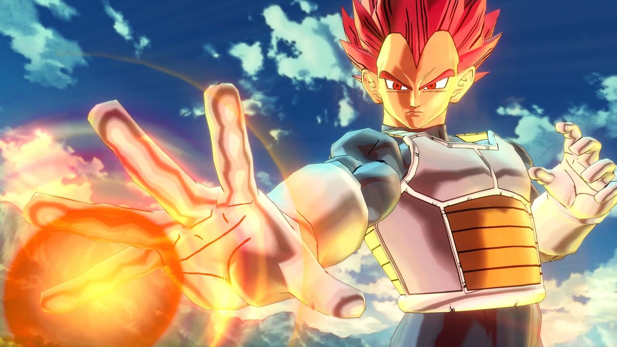 Vegeta, eine Dragon Ball-Figur, wird mit rotem Haar und einer Kraftkugel in der Hand gezeigt, bereit anzugreifen.