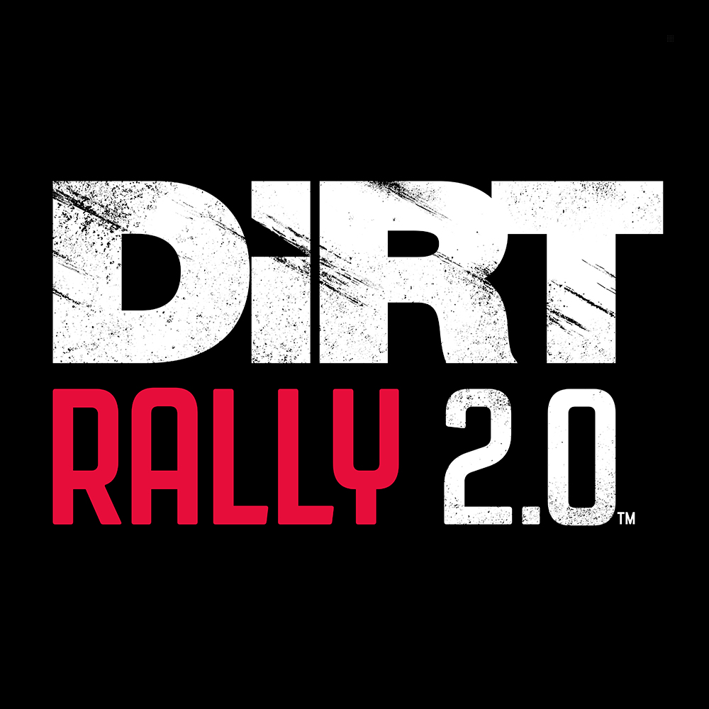 Logo DIRT RALLY 2.0 na czarnym tle, w białym i czerwonym tekście.