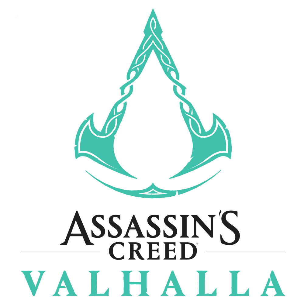 Logo Assassin's Creed Valhalla. Turkusowe topory tworzą symbol nad tytułem.