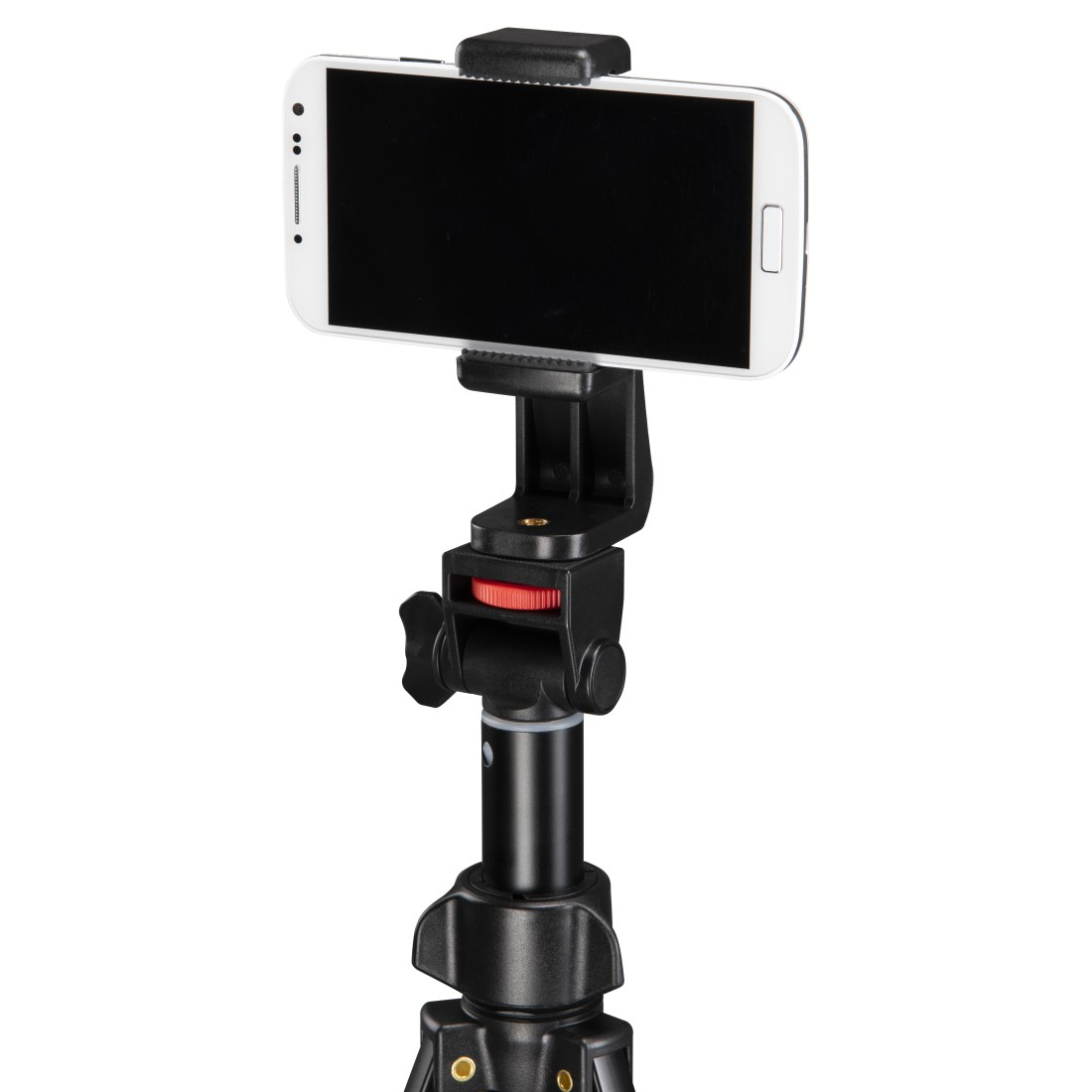 Biały smartfon zamontowany na czarnym statywie z uchwytem na telefon.