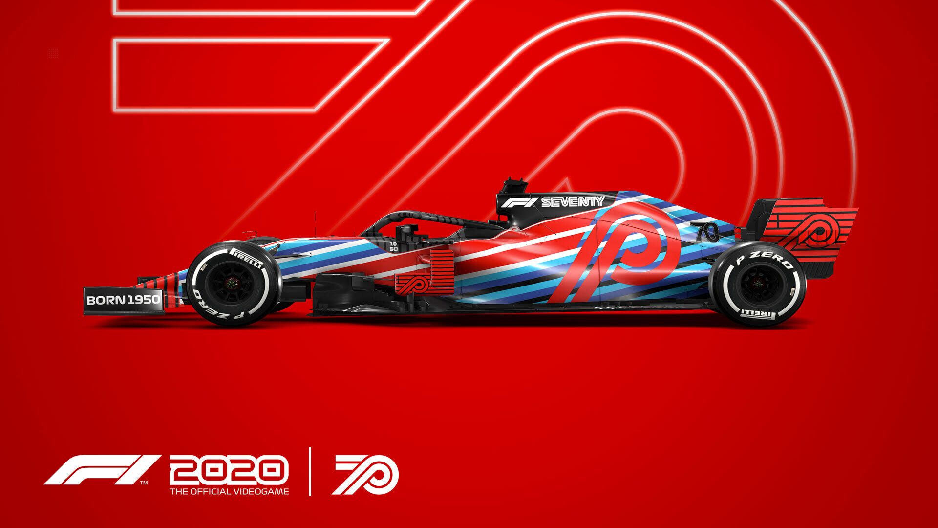 Ein Formel-1-Rennwagen im Profil, rot, blau und weiß. Das Logo befindet sich unten.