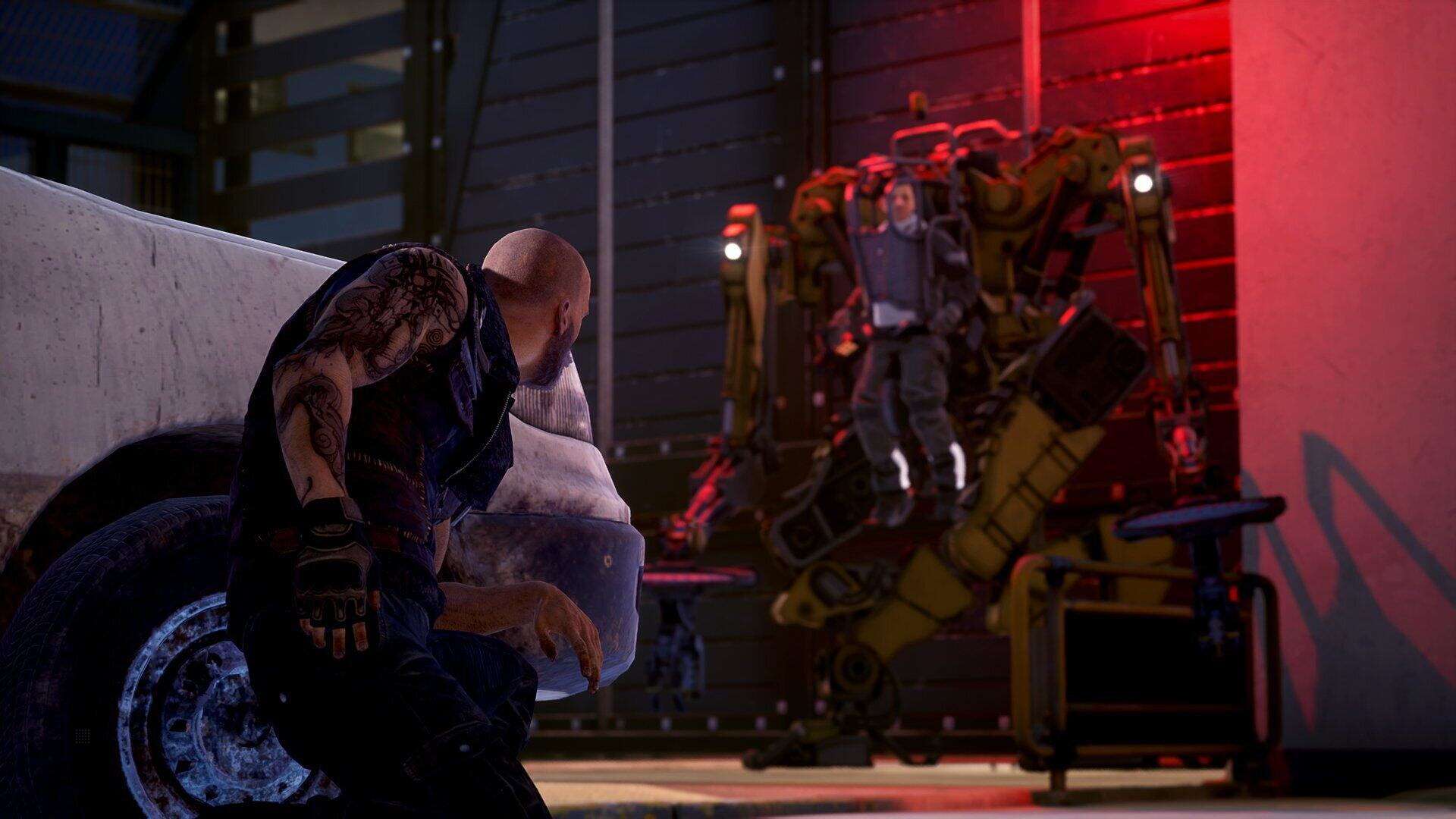 Mężczyzna patrzy na mecha. Mecha ma mężczyznę w kokpicie. Scena rozgrywa się w środowisku miejskim.