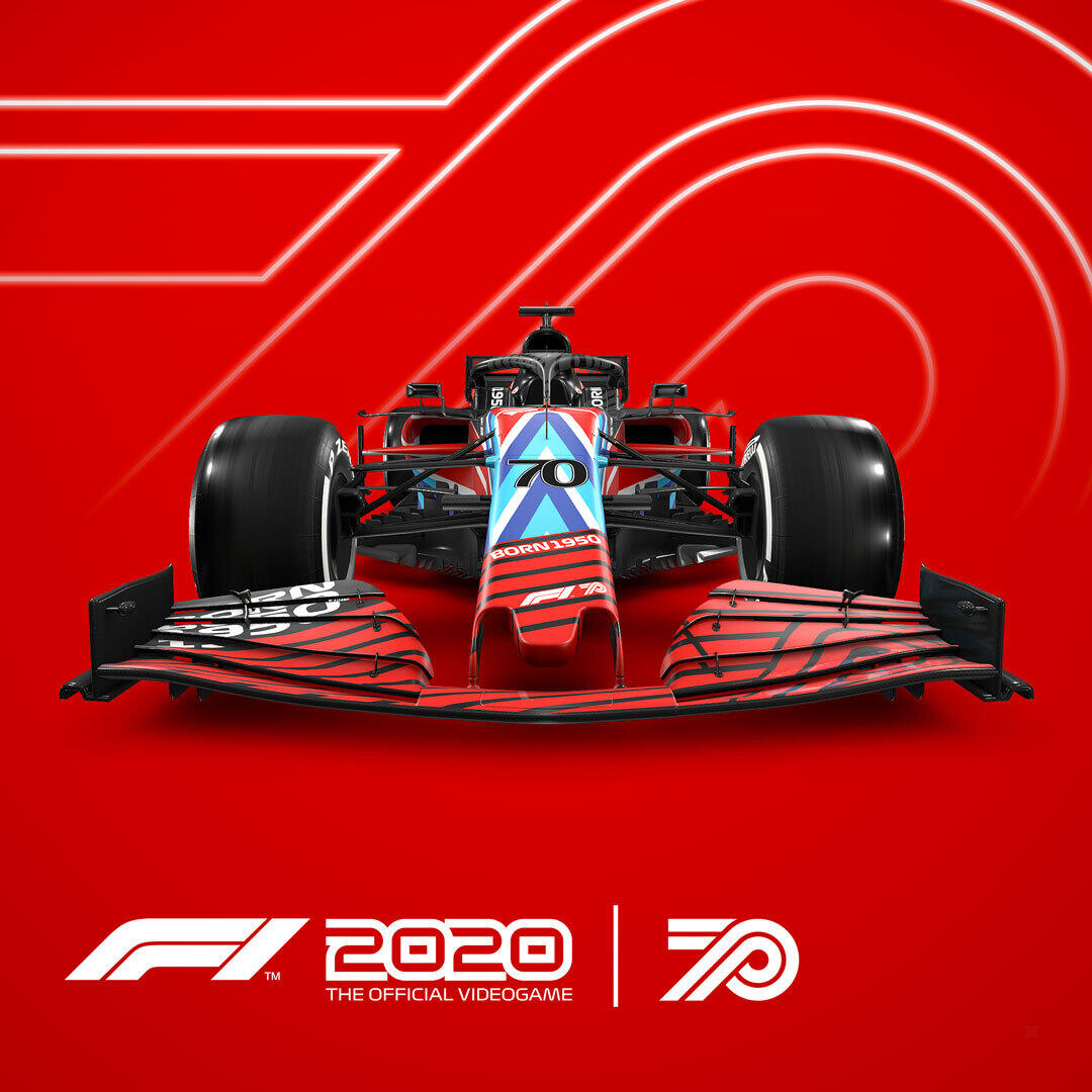 Formel 1 Rennwagen. Roter Körper mit schwarzen Akzenten. F1 2020 Logo. Roter Hintergrund.