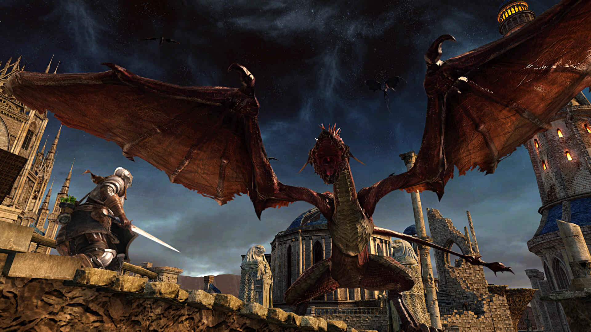 Ein Ritter steht einem roten Drachen gegenüber, der fliegt. Die Szene hat ein Schloss und einen dunklen Himmel.