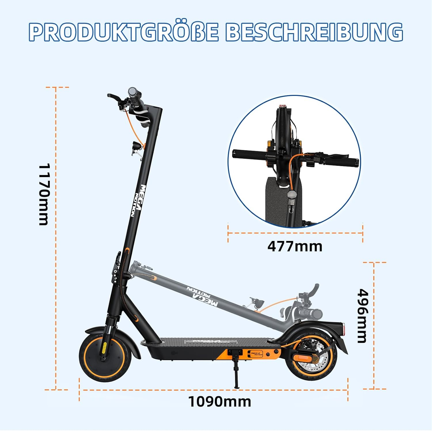 E-Scooter-Abmessungen mit Messungen: 1090 mm, 1170 mm, 496 mm und 477 mm. Inset zeigt Lenker.