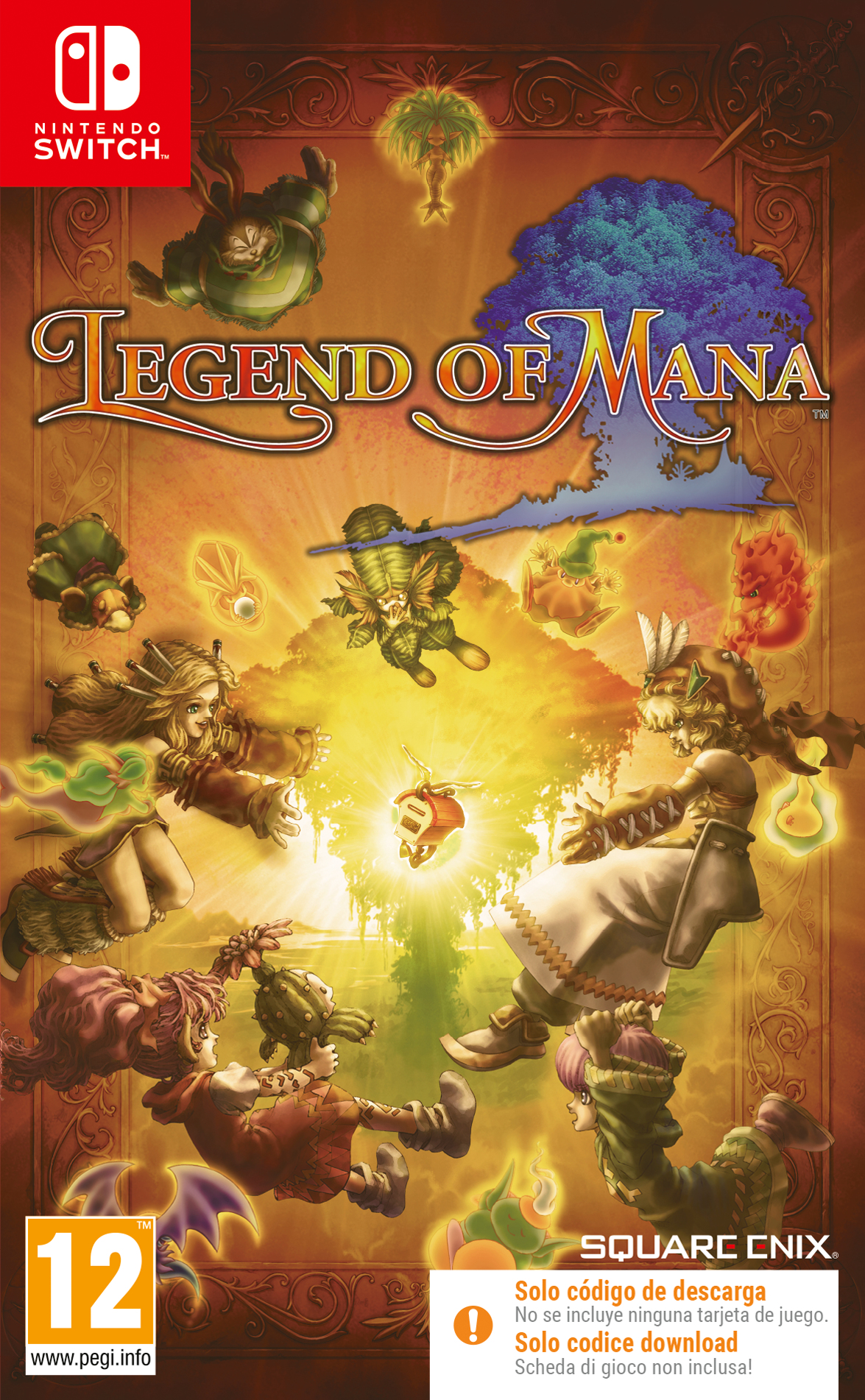 Copertina del gioco: Personaggi fluttuano su sfondo dorato. Titolo: Legend of Mana, con logo Nintendo Switch.