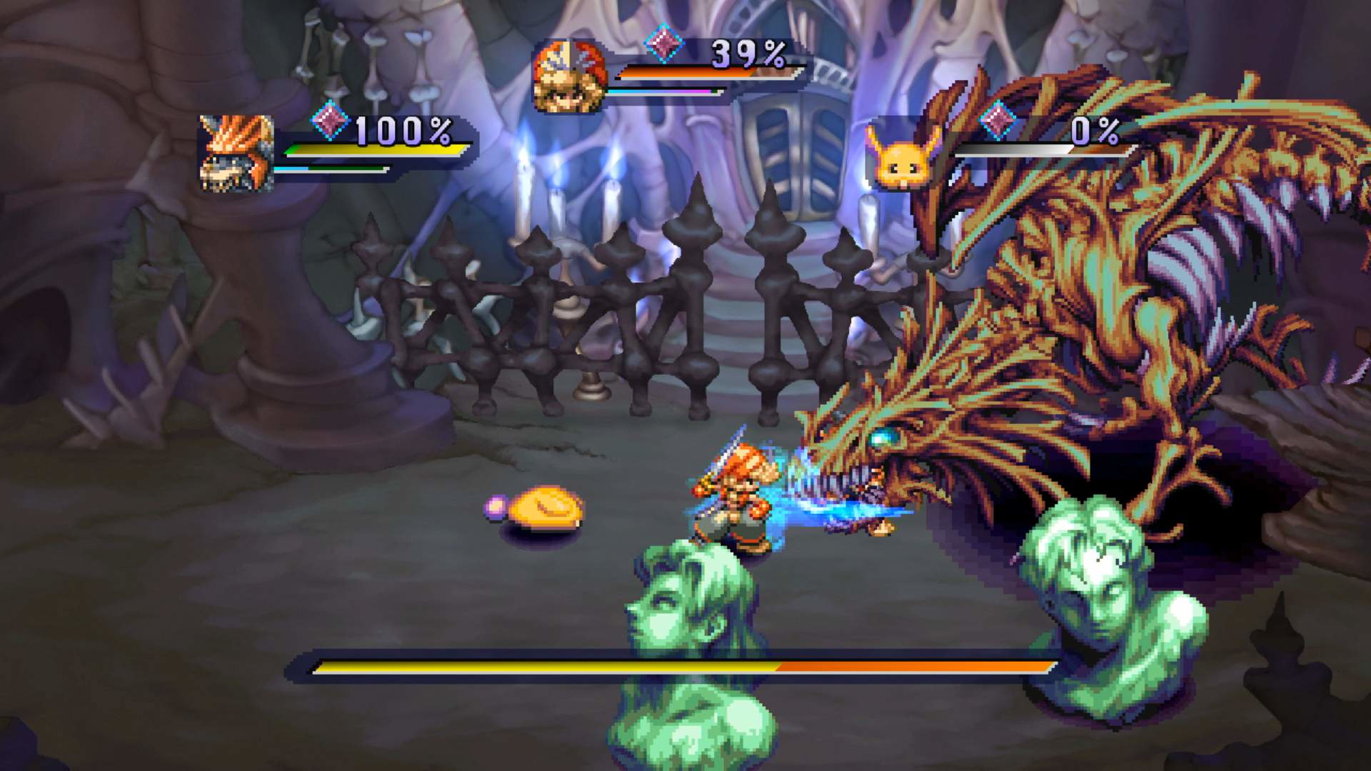 Scena di videogioco con un personaggio che combatte contro un drago. Le barre della salute sono visibili.