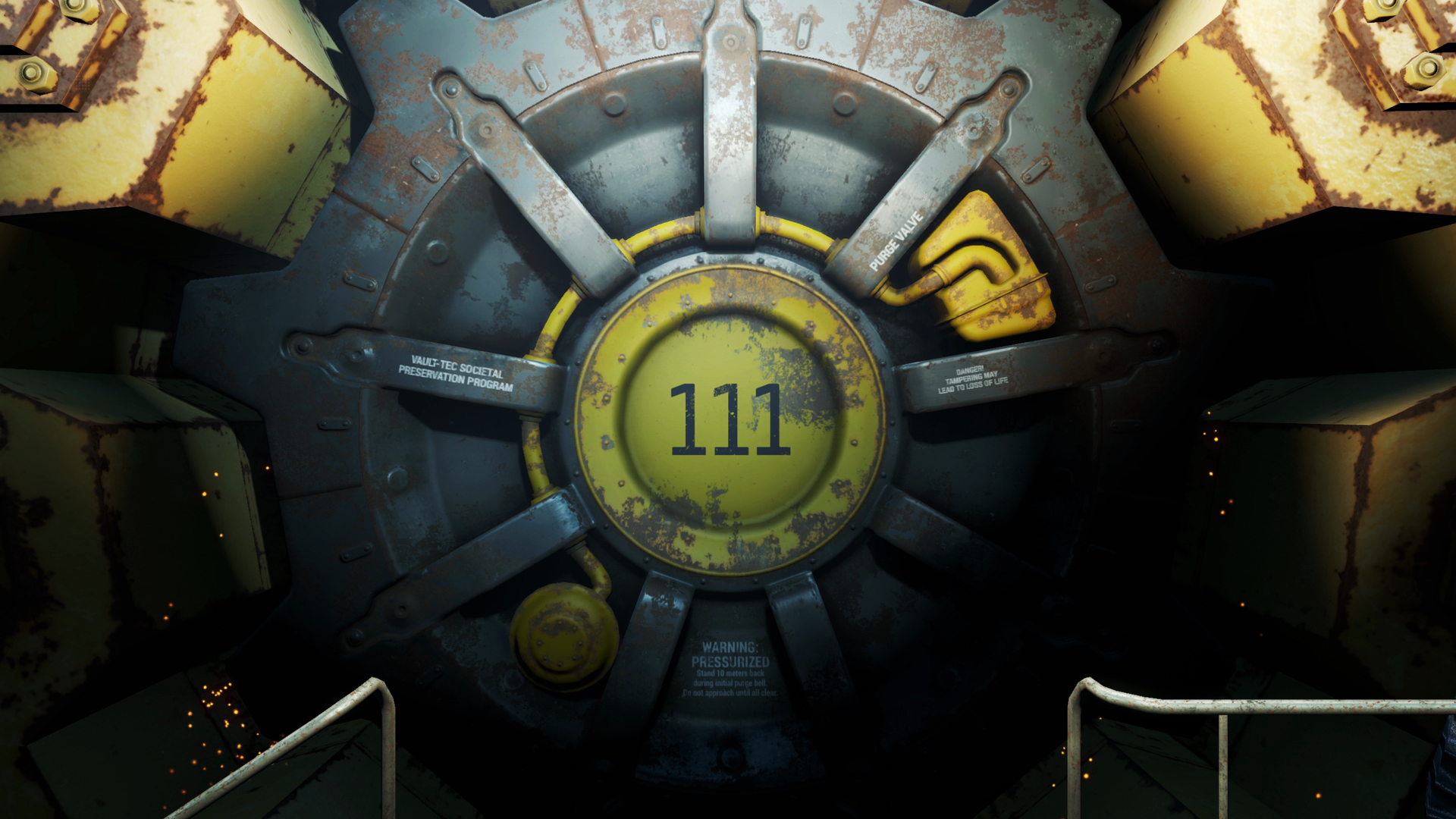 Porta del caveau con il numero 111 in giallo. La porta ha una forma circolare e una texture metallica.