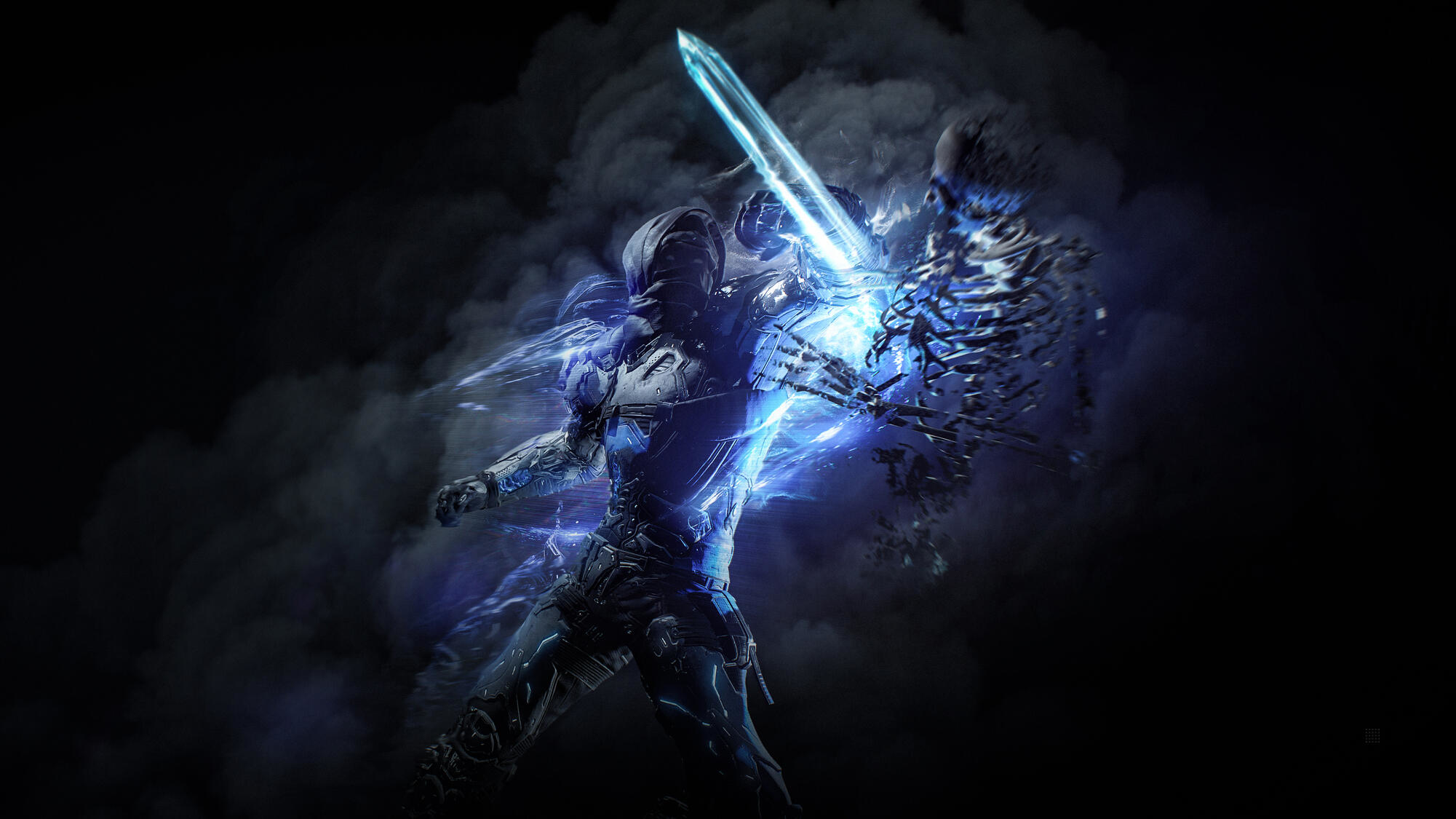 Wojownik z świecącym mieczem walczący ze szkieletem. Niebieska energia otacza wojownika i miecz.