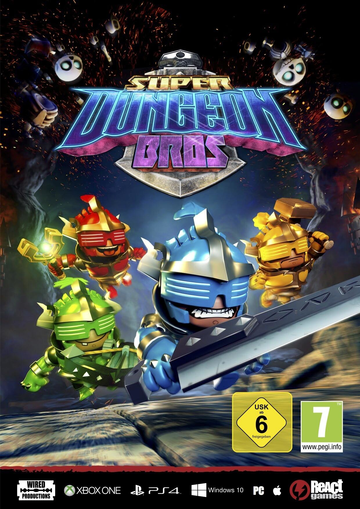 Super Dungeon Bros-Spielcover. Vier Charaktere mit Waffen. Dunkler Hintergrund mit Text.