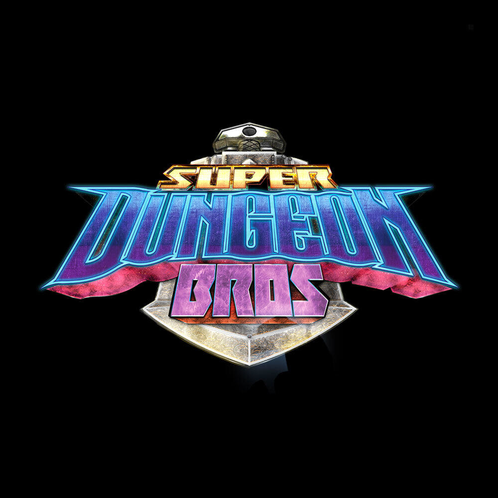 Super Dungeon Bros Logo mit dunklem Hintergrund, Neonfarben und einem Schild unten.