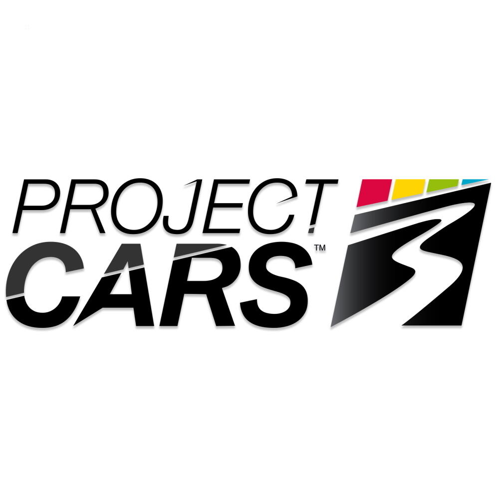 Logo 'Project Cars' z tekstem i stylizowaną grafiką toru wyścigowego w kolorach czarnym, czerwonym i białym.