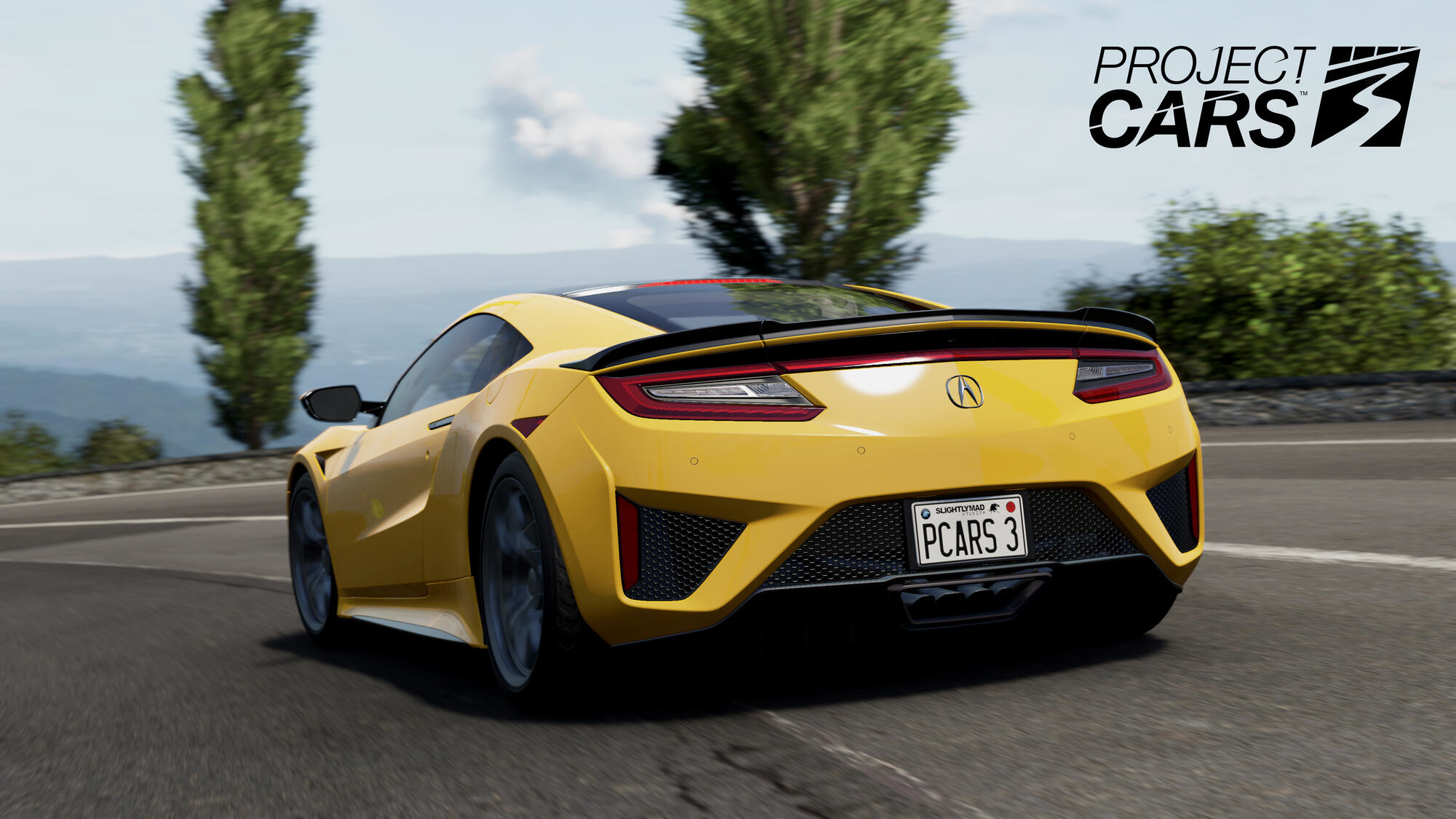 Żółty samochód sportowy z tyłu na drodze, z widocznym logo 'Project Cars 3'.