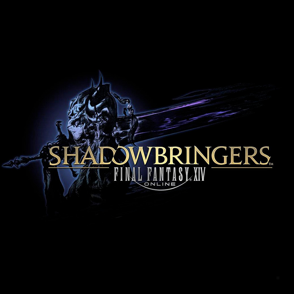 Logo di Shadowbringers, Final Fantasy XIV. Un personaggio silhouette tiene una spada brillante.