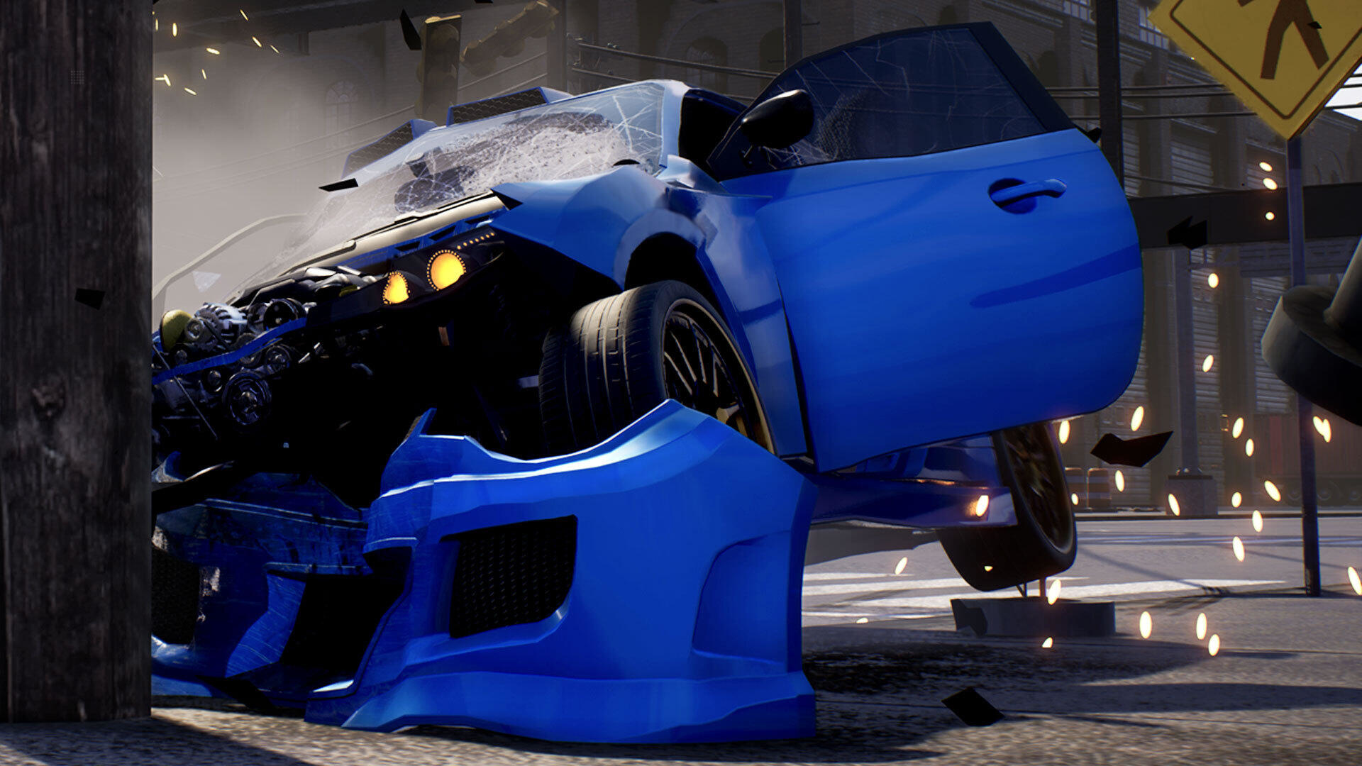 Niebieski samochód uszkodzony i rozbity o słupek. Wokół samochodu widać gruz i iskry.