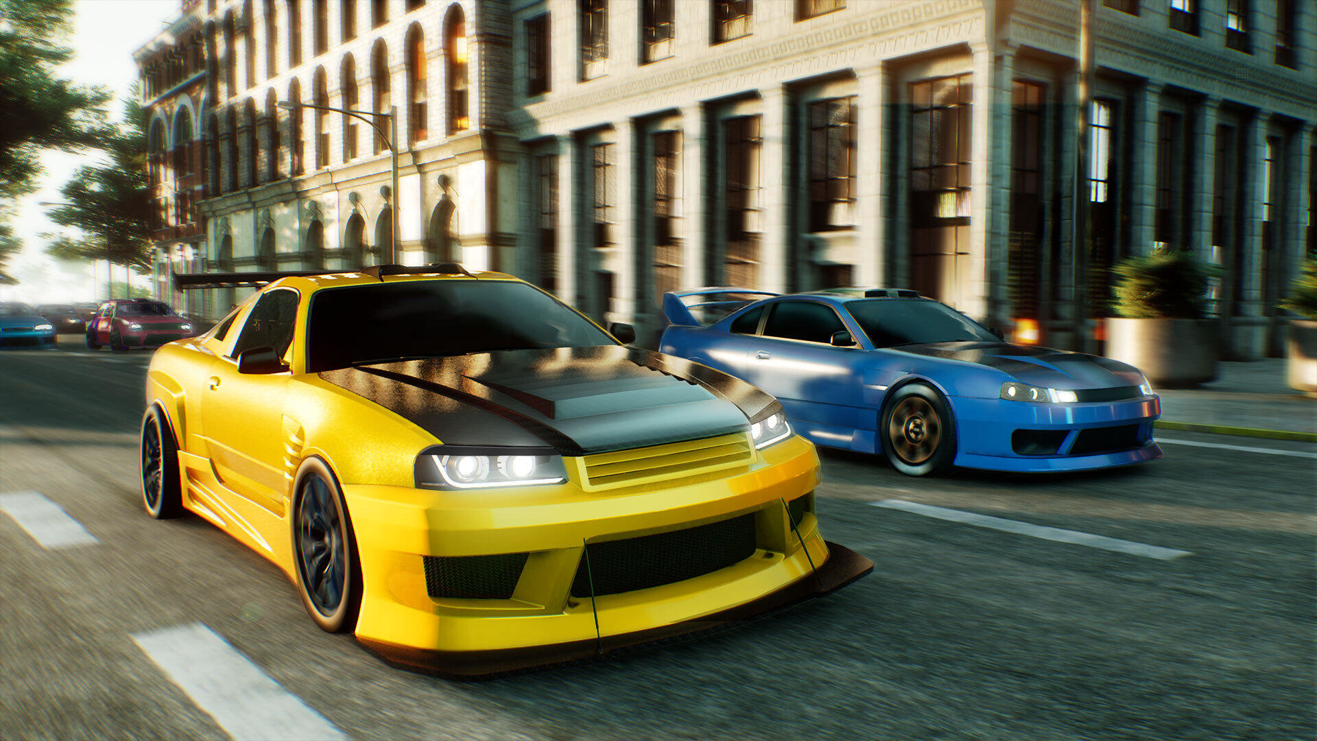 Dwa zmodyfikowane samochody sportowe ścigają się na ulicy miejskiej. Jeden jest żółty, drugi niebieski.