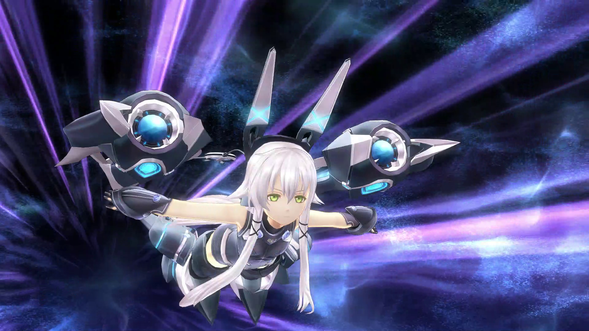 Postać anime w locie. Futurystyczny design, skrzydła i dynamiczne tło z fioletowymi i niebieskimi smugami.