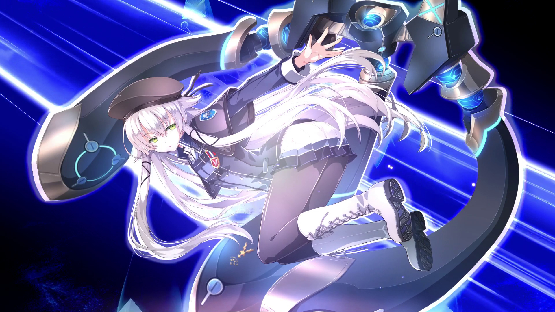 Una ragazza anime in uniforme fluttua con un dispositivo futuristico ed energia blu intorno a lei.