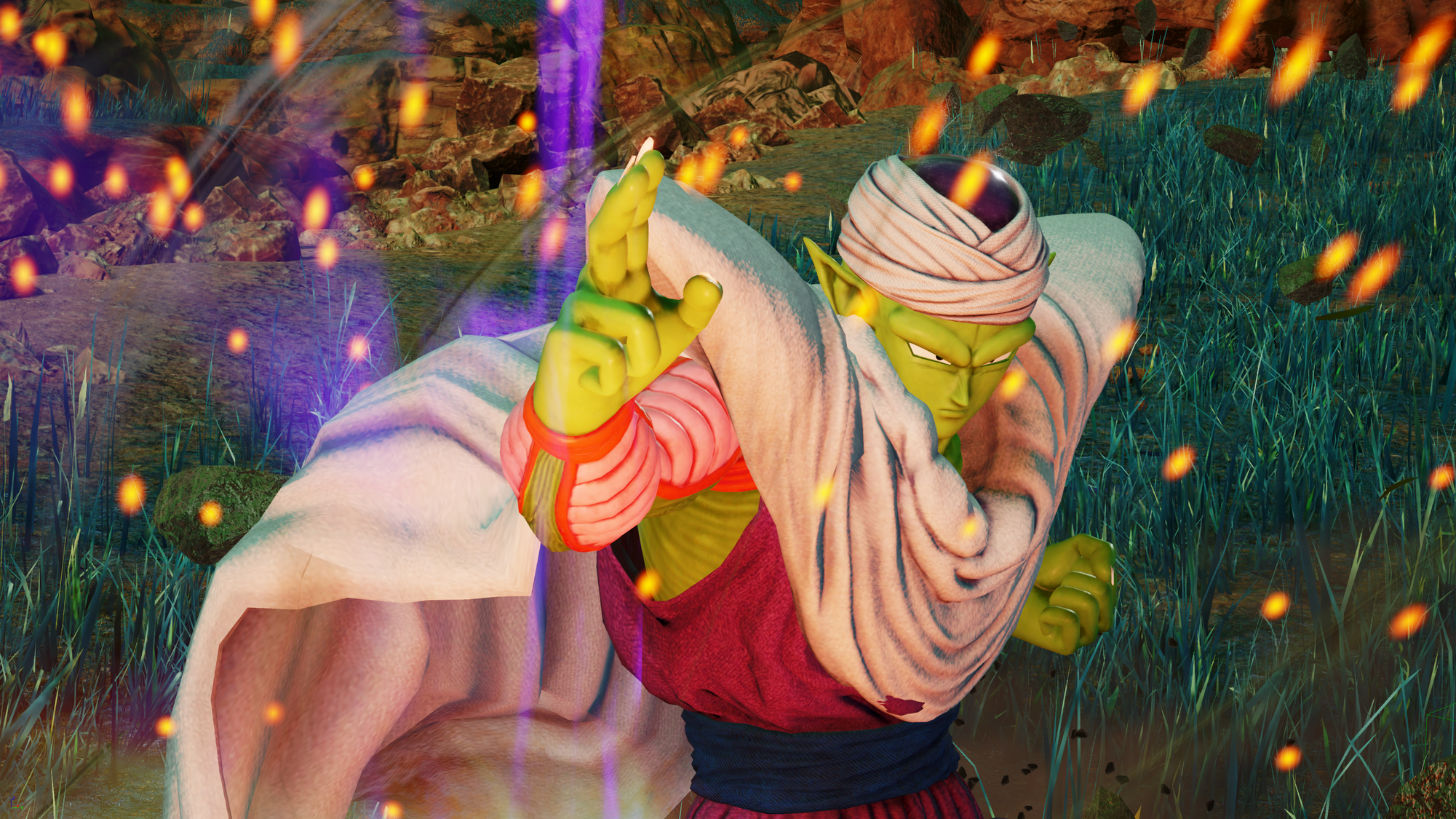 Eine grün-häutige Figur in weißem Turban und roter Kleidung, nimmt eine Kampfpose ein mit Energieeffekten.