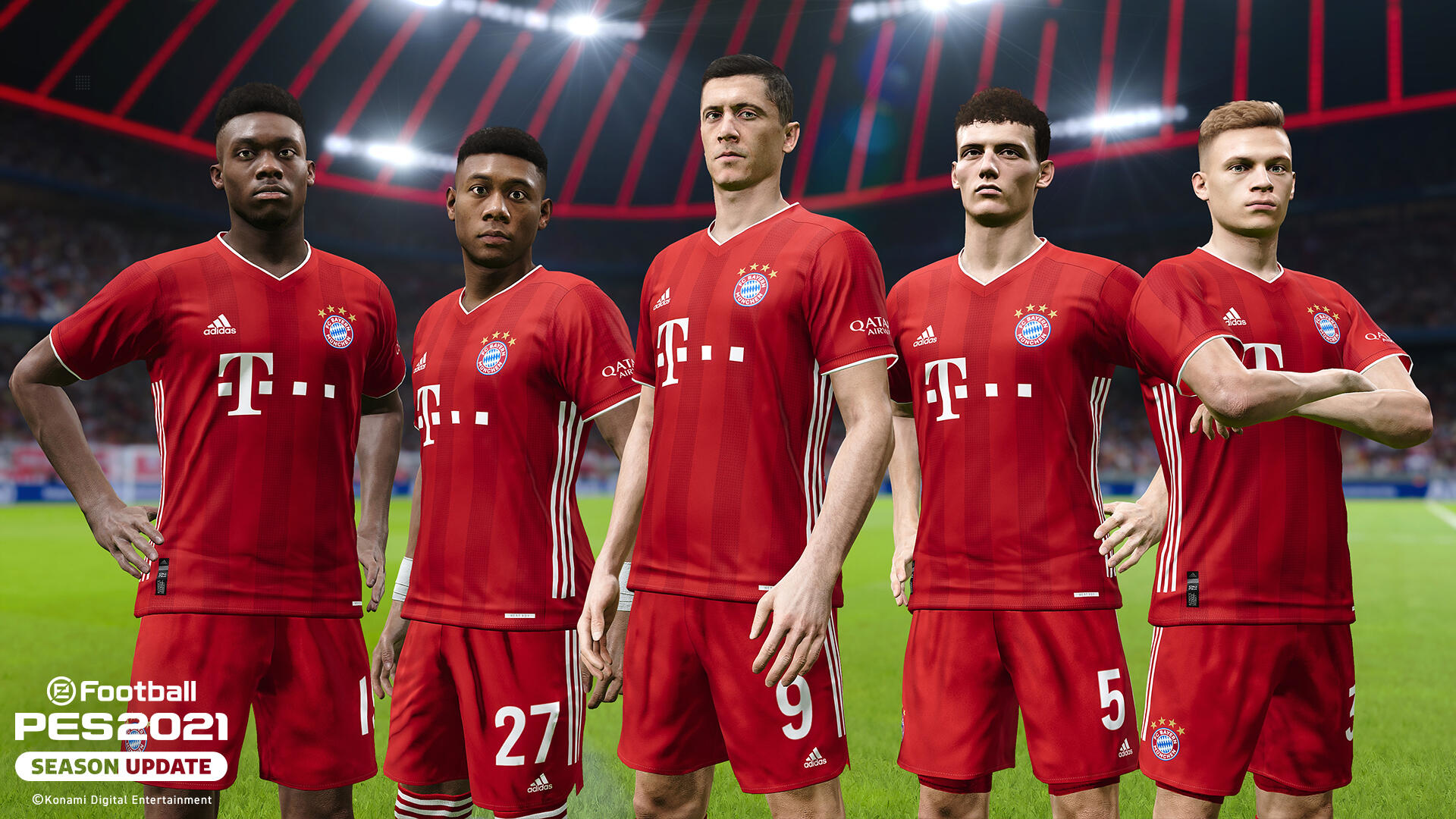 Fünf Fußballspieler in roten Uniformen stehen auf einem grünen Feld und blicken den Betrachter an.