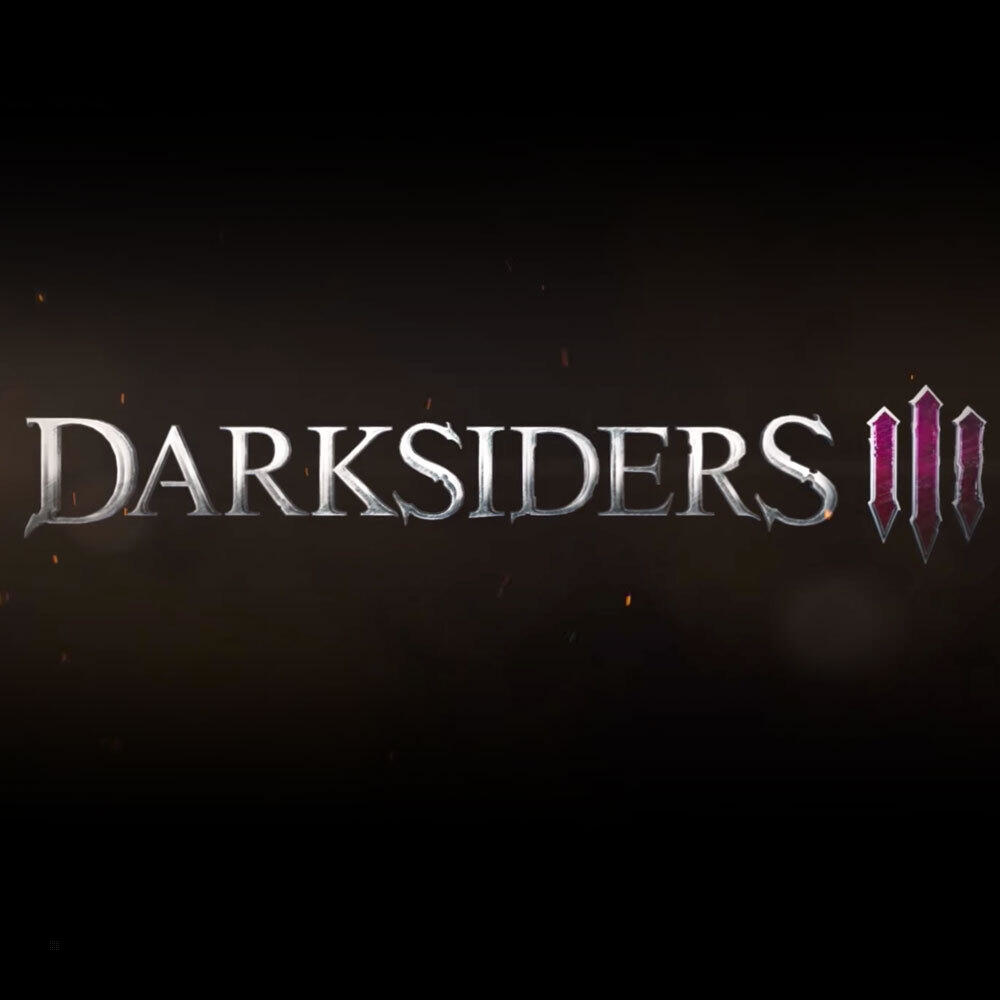 Der Text "Darksiders III" in einer metallischen Schriftart vor einem dunklen Hintergrund mit einigen visuellen Effekten.