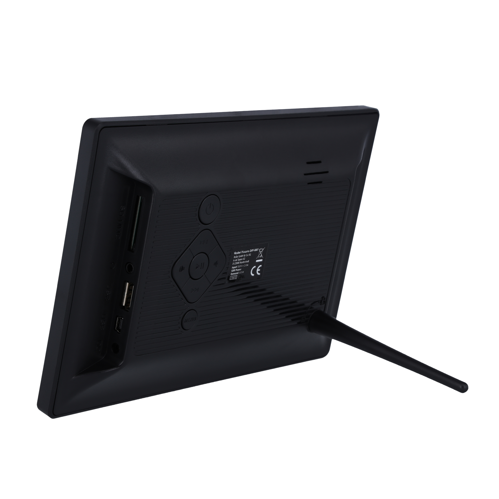 Tył czarnej cyfrowej ramki na zdjęcia podpartej stojakiem. Przyciski są widoczne.