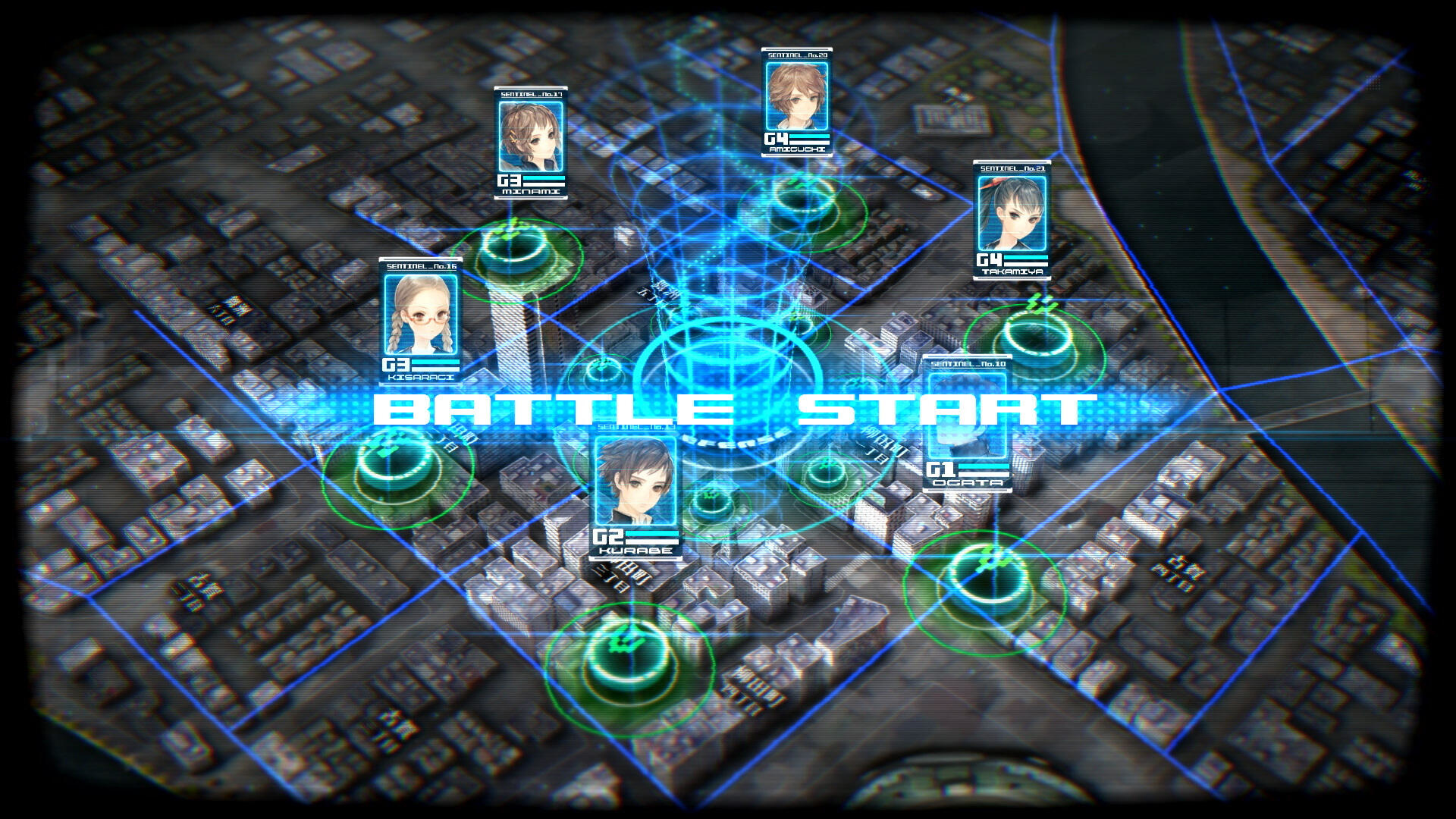 Interfejs gry: mapa miasta z portretami postaci i tekstem 'BATTLE START'.