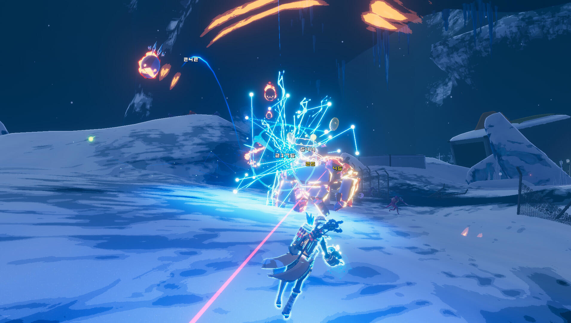 Postać strzelająca niebieskimi wybuchami energii w śnieżnym krajobrazie. Świecące niebieskie cząsteczki i formacje lodowe.