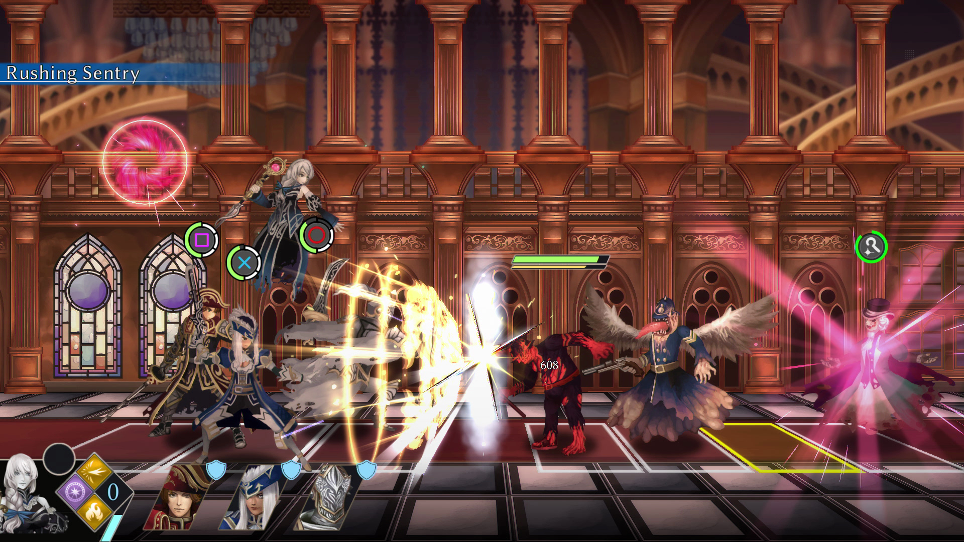 Scena z gry z postaciami walczącymi. Budynki i witraż w tle. Żółte i fioletowe ataki.