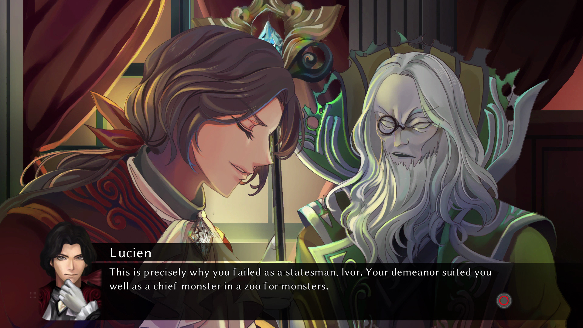 Dwóch kreskówkowych mężczyzn rozmawia, z polem tekstowym z tekstem na dole, z fantazyjnym tłem.